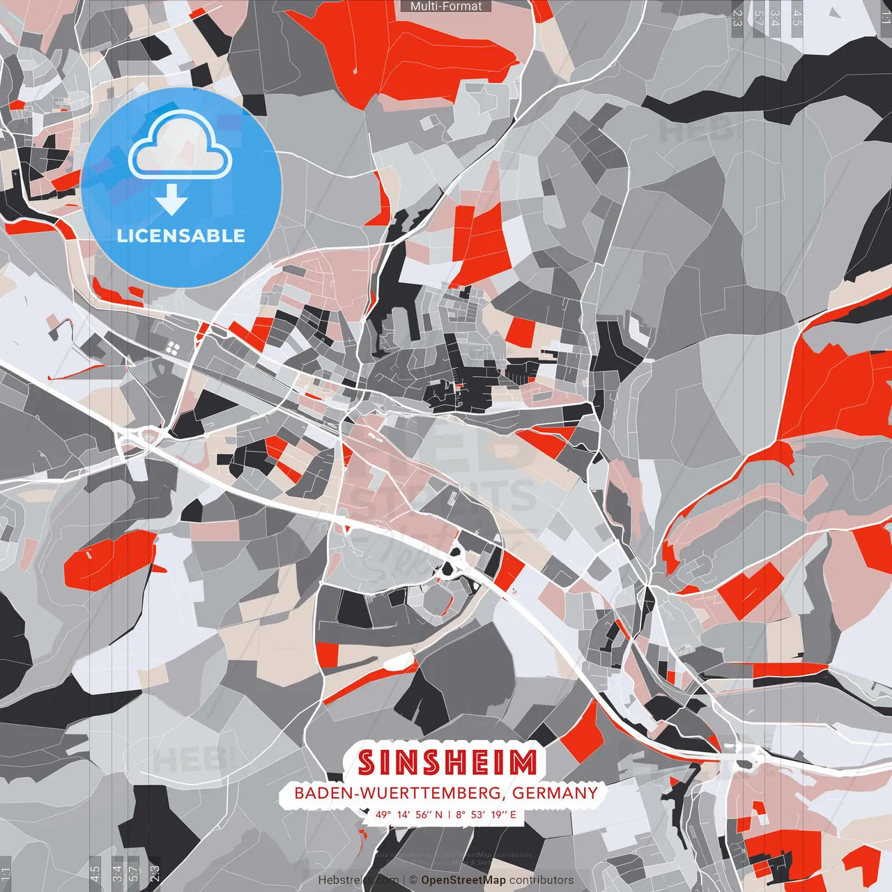 Sinsheim, Baden-Wuerttemberg, Germany - modern street map poster template with gray and red tones
