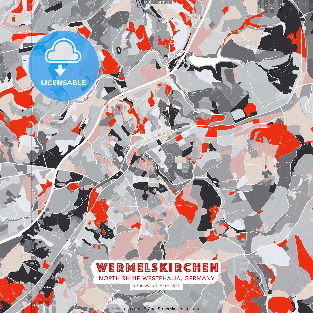 Wermelskirchen, North Rhine-Westphalia, Germany - modern street map poster template with gray and red tones