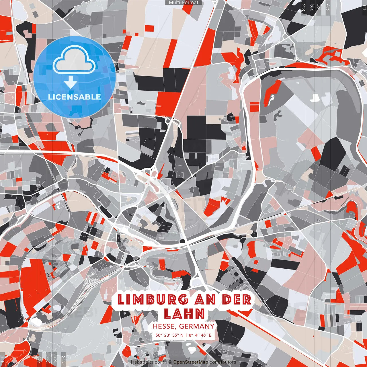 Limburg an der Lahn, Hesse, Germany - modern street map poster template with gray and red tones