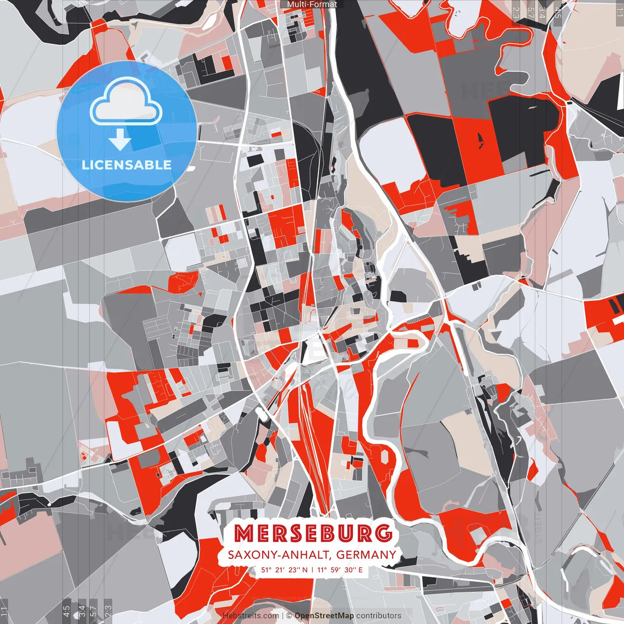 Merseburg, Saxony-Anhalt, Germany - modern street map poster template with gray and red tones