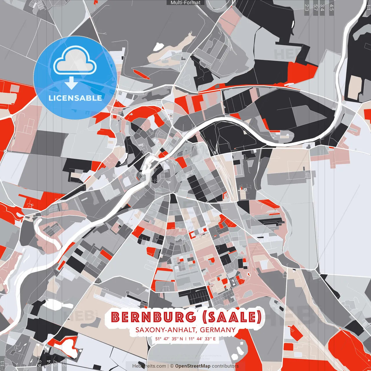 Bernburg (Saale), Saxony-Anhalt, Germany - modern street map poster template with gray and red tones