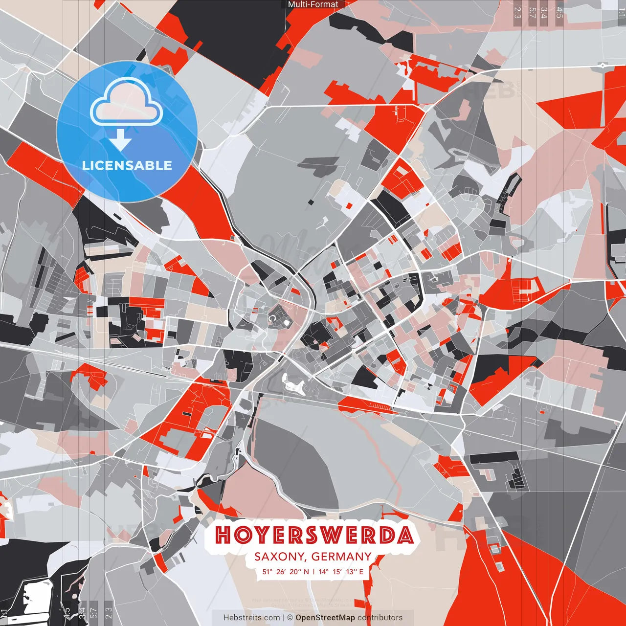 Hoyerswerda, Saxony, Germany - modern street map poster template with gray and red tones