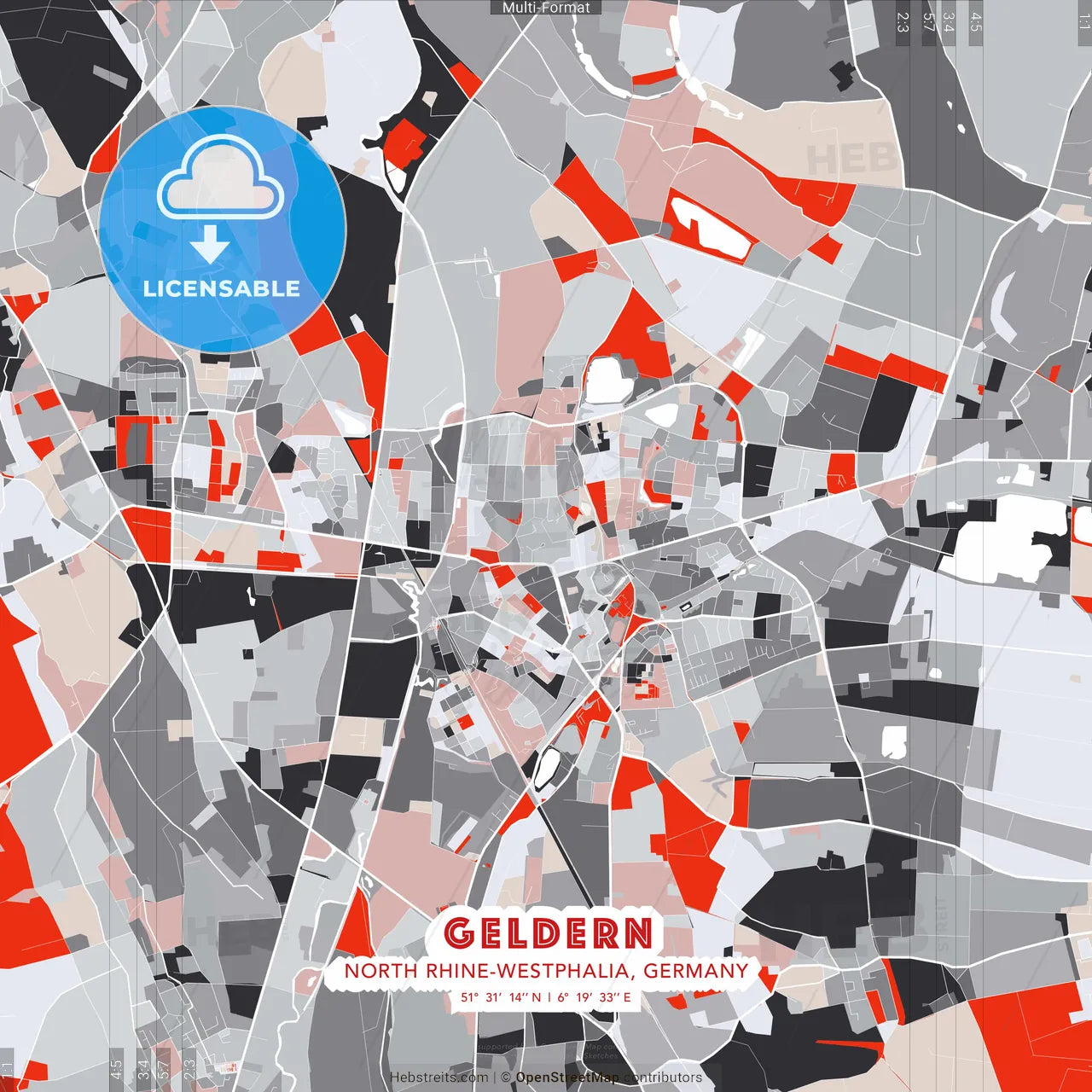 Geldern, North Rhine-Westphalia, Germany - modern street map poster template with gray and red tones