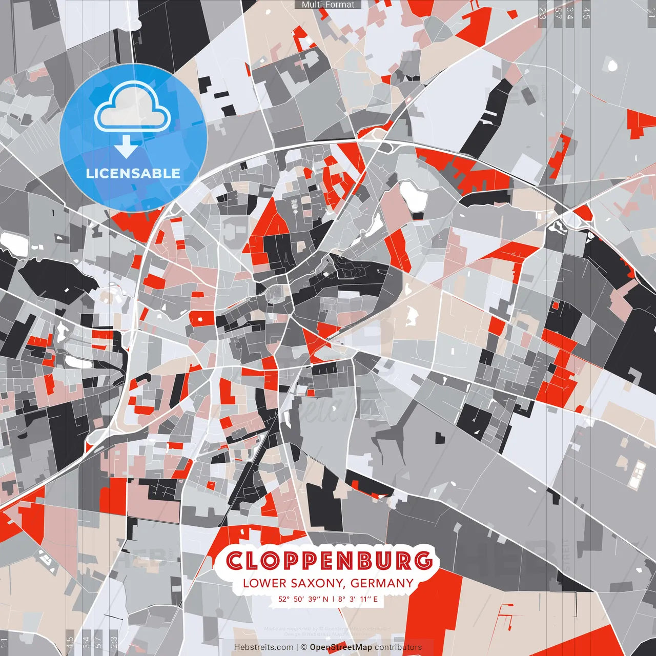 Cloppenburg, Lower Saxony, Germany - modern street map poster template with gray and red tones