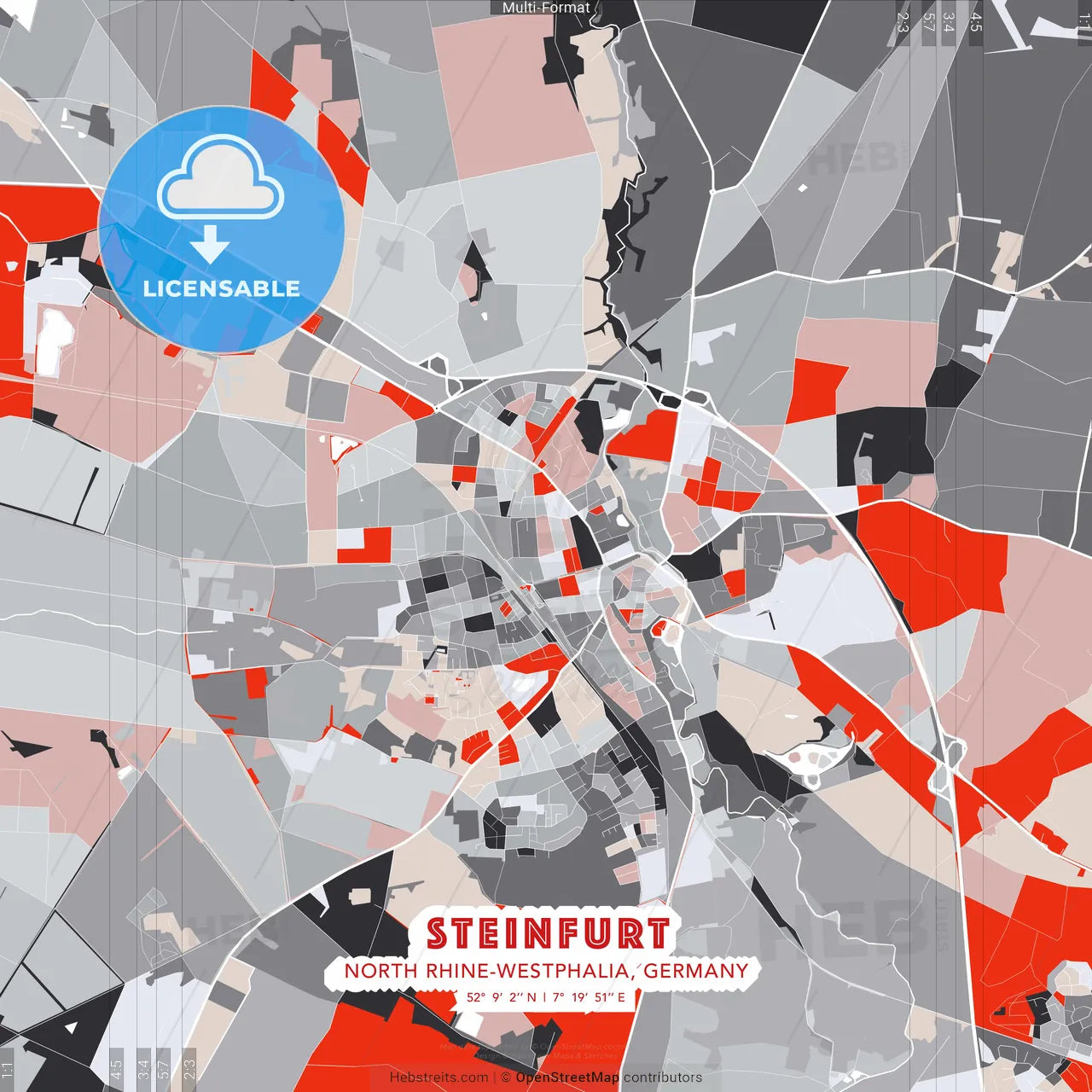Steinfurt, North Rhine-Westphalia, Germany - modern street map poster template with gray and red tones