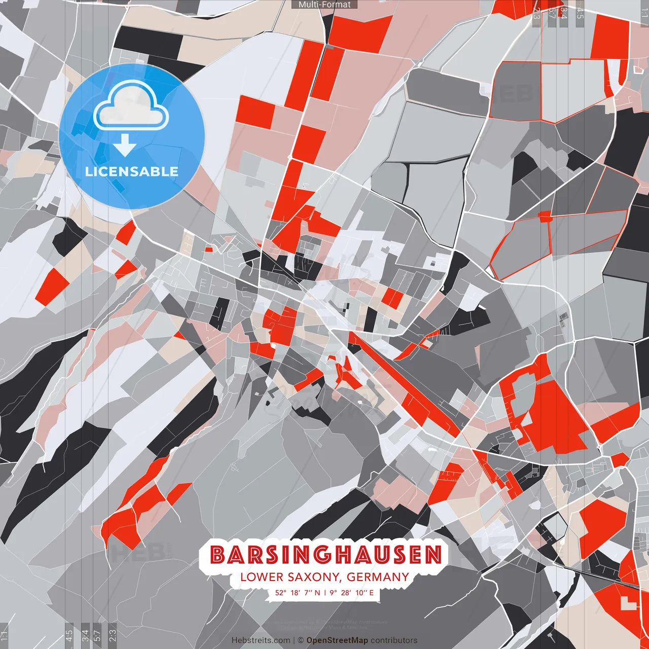 Barsinghausen, Lower Saxony, Germany - modern street map poster template with gray and red tones