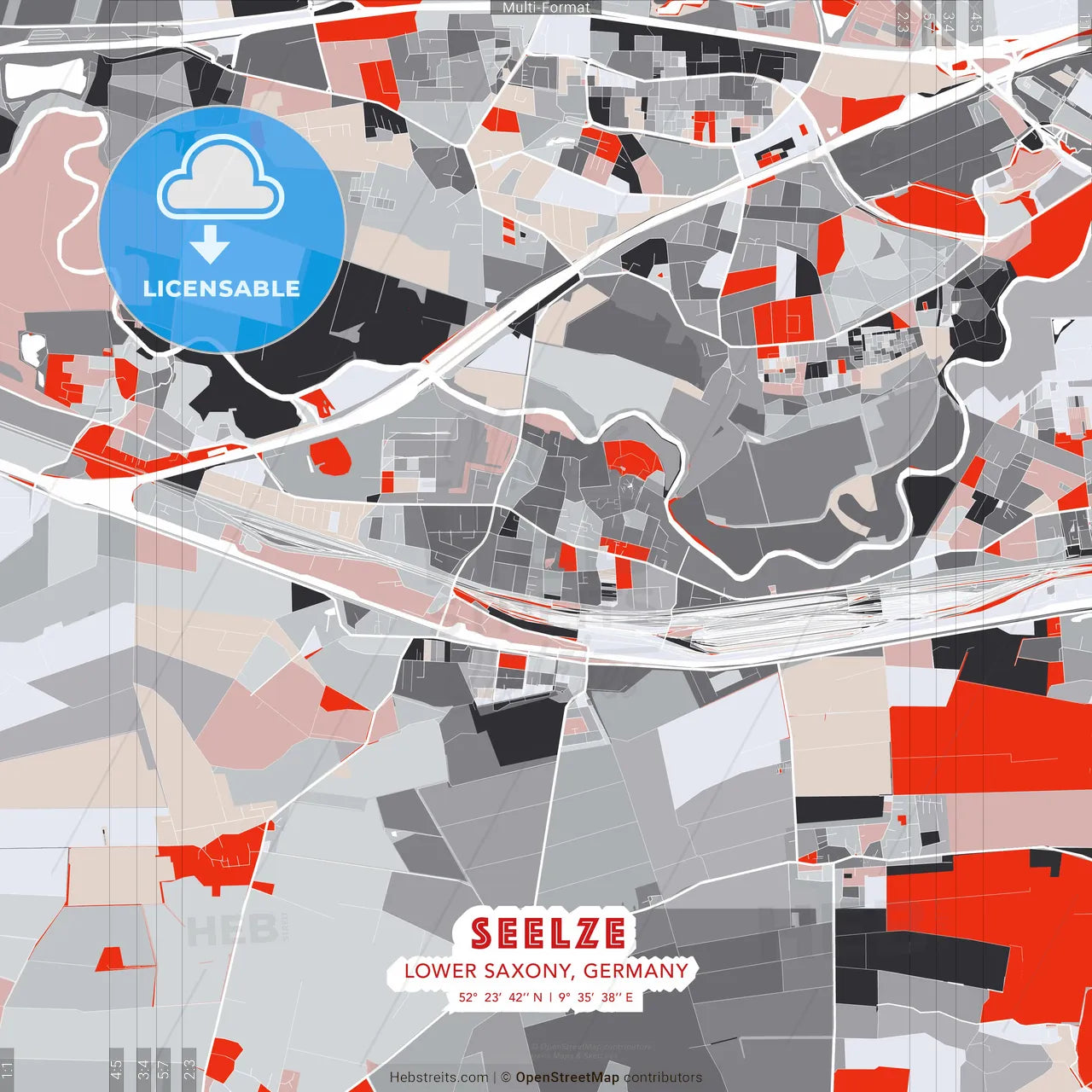 Seelze, Lower Saxony, Germany - modern street map poster template with gray and red tones