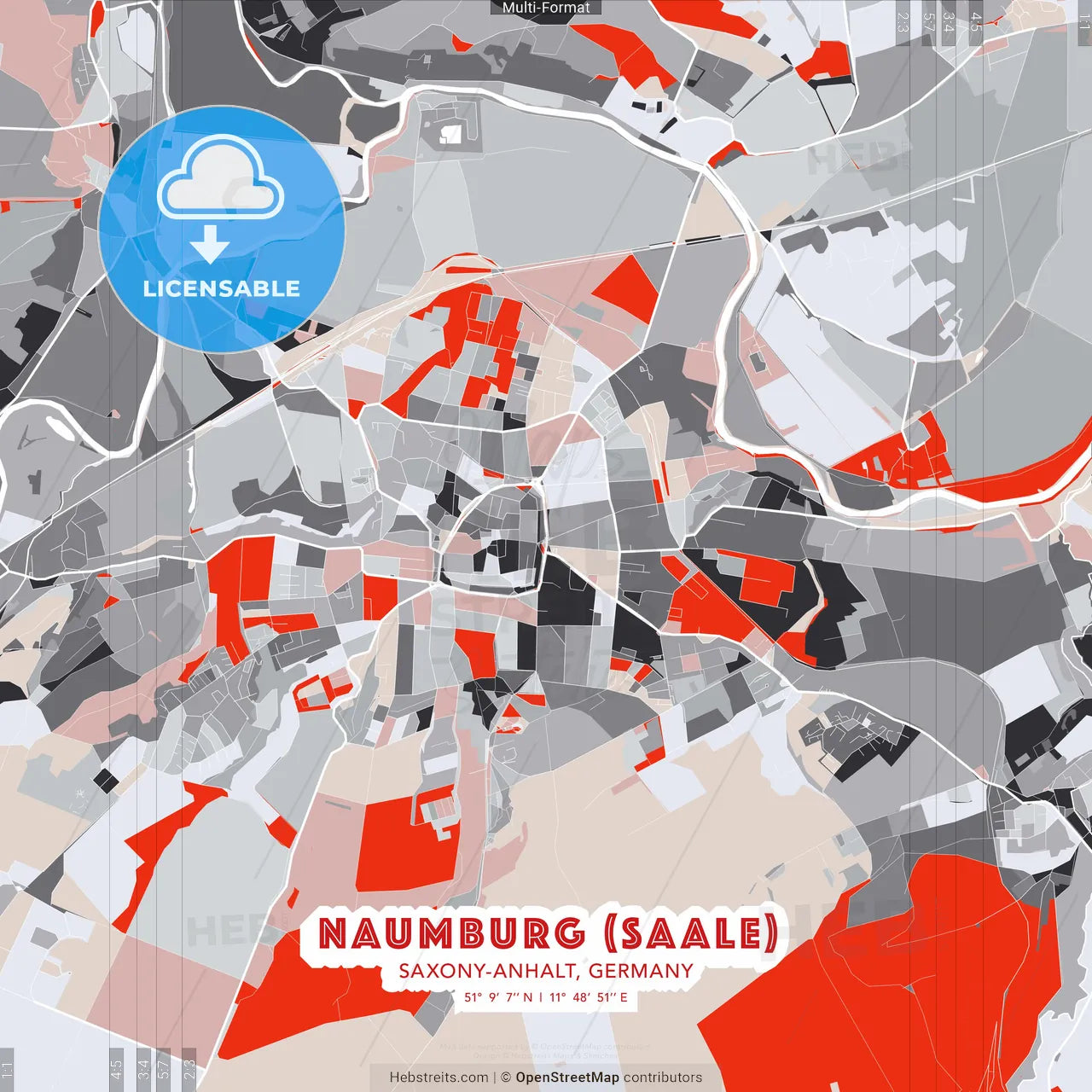 Naumburg (Saale), Saxony-Anhalt, Germany - modern street map poster template with gray and red tones