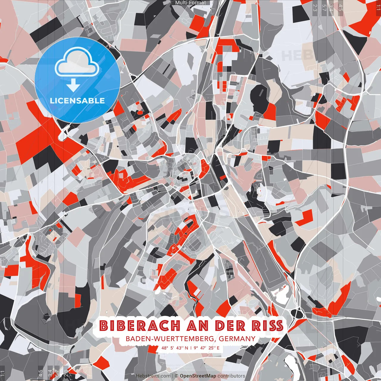 Biberach an der Riß, Baden-Wuerttemberg, Germany - modern street map poster template with gray and red tones