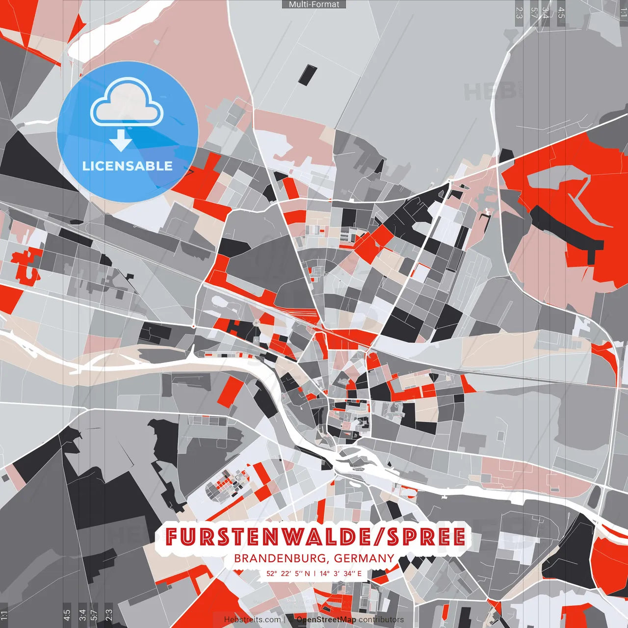 Furstenwalde/Spree, Brandenburg, Germany - modern street map poster template with gray and red tones