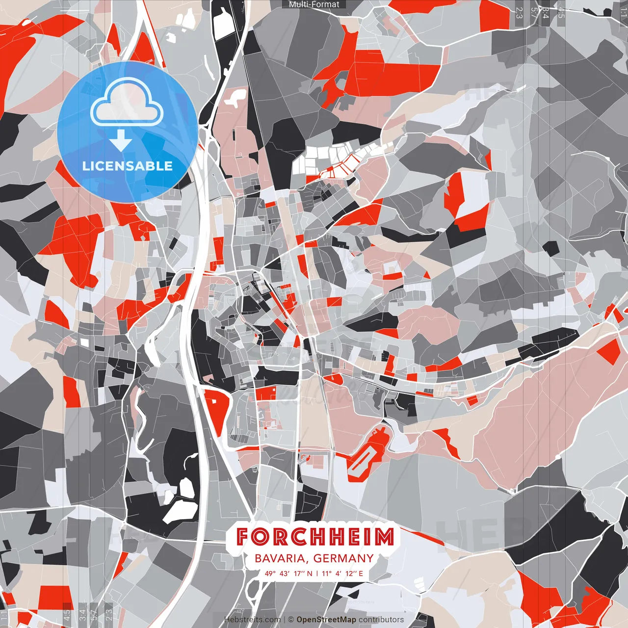 Forchheim, Bavaria, Germany - modern street map poster template with gray and red tones