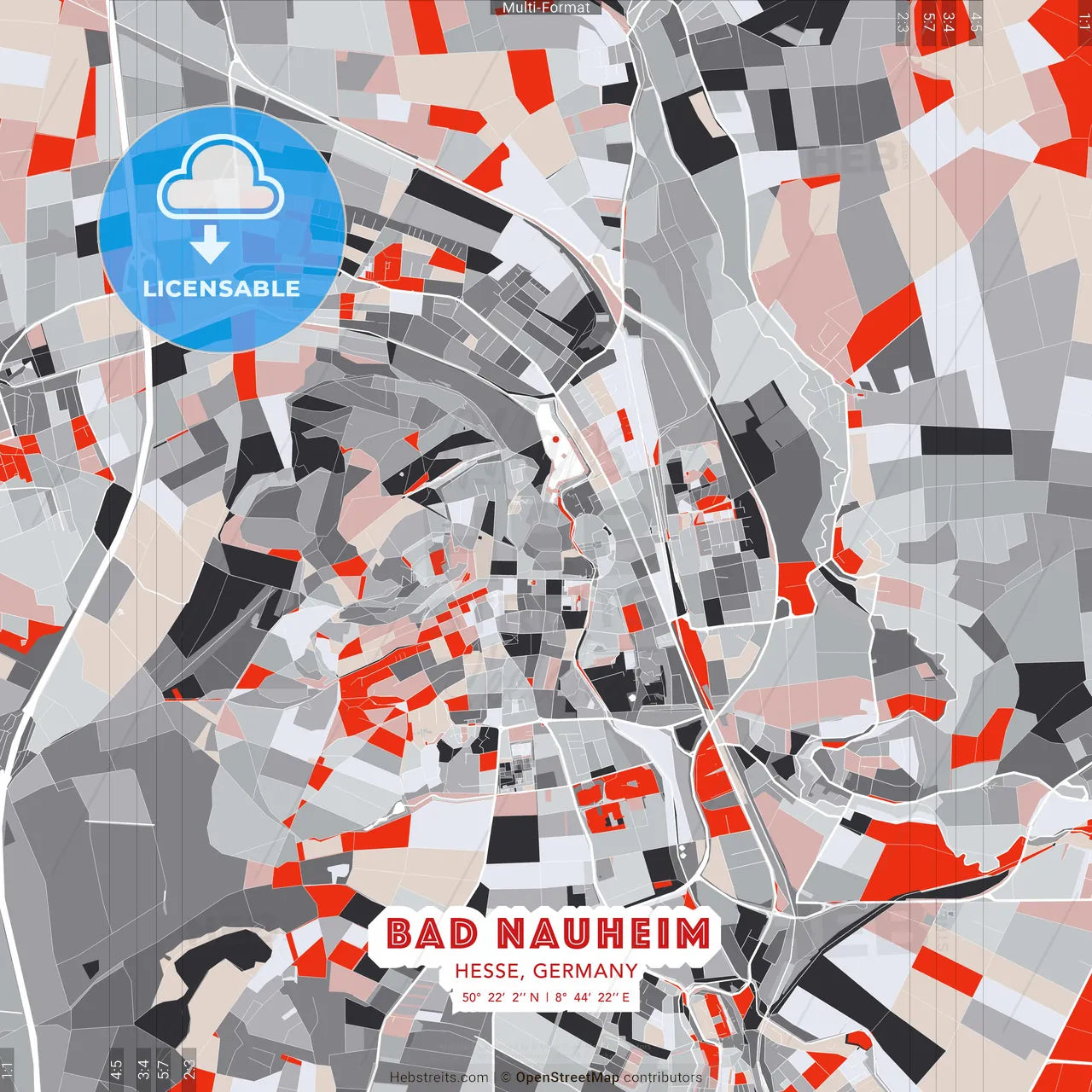 Bad Nauheim, Hesse, Germany - modern street map poster template with gray and red tones