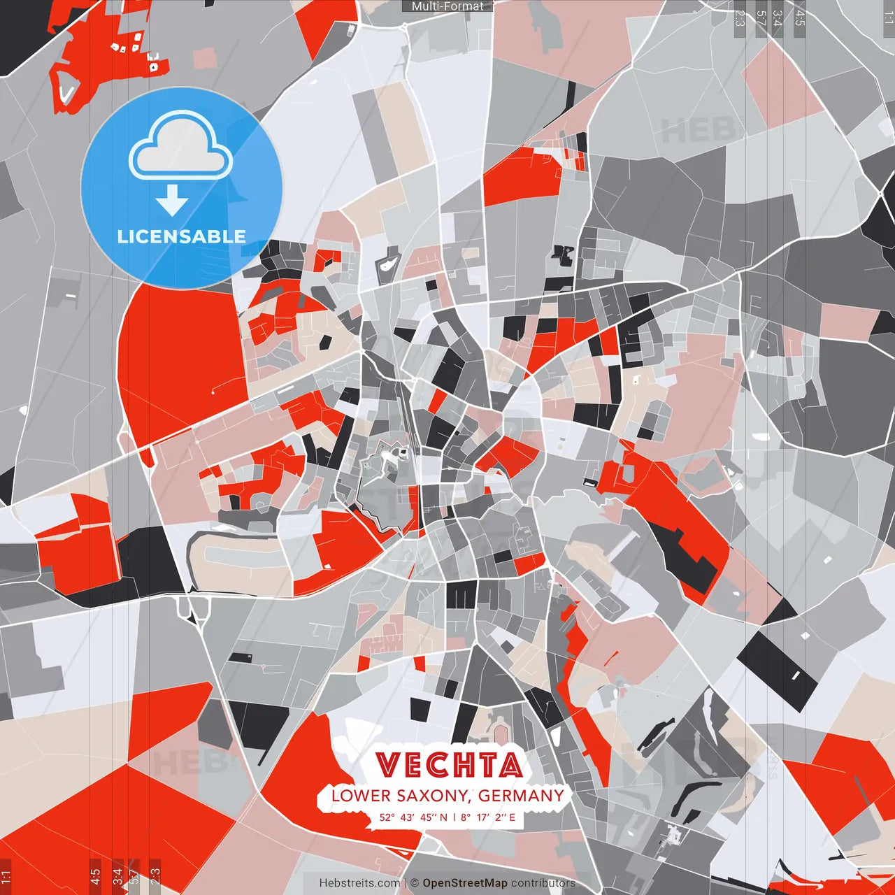 Vechta, Lower Saxony, Germany - modern street map poster template with gray and red tones