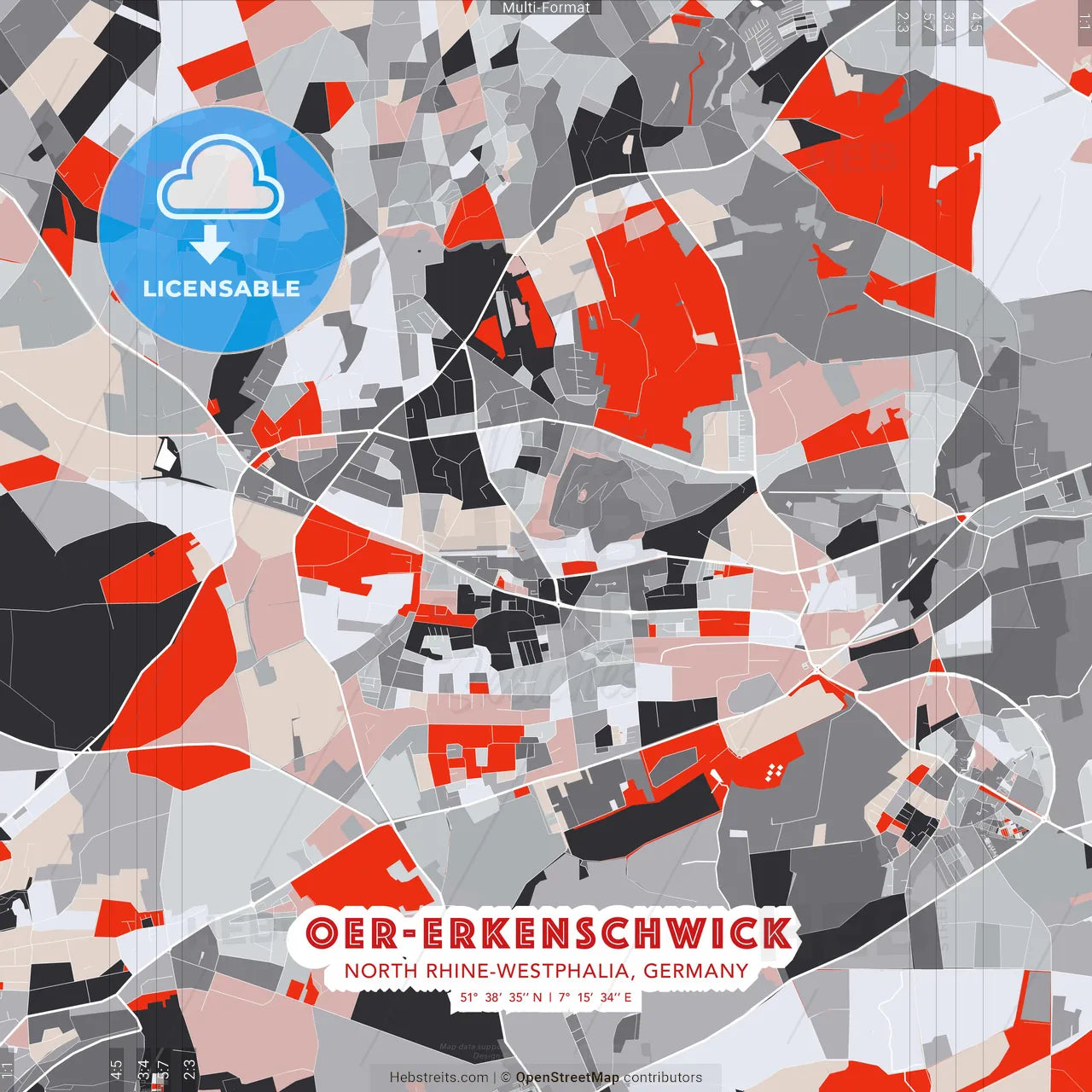 Oer-Erkenschwick, North Rhine-Westphalia, Germany - modern street map poster template with gray and red tones