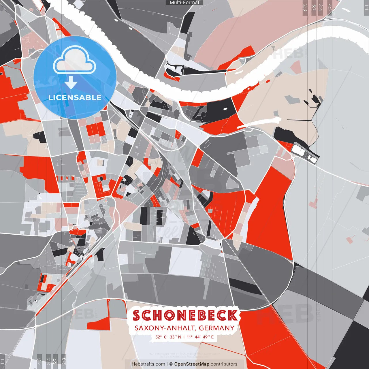 Schonebeck, Saxony-Anhalt, Germany - modern street map poster template with gray and red tones