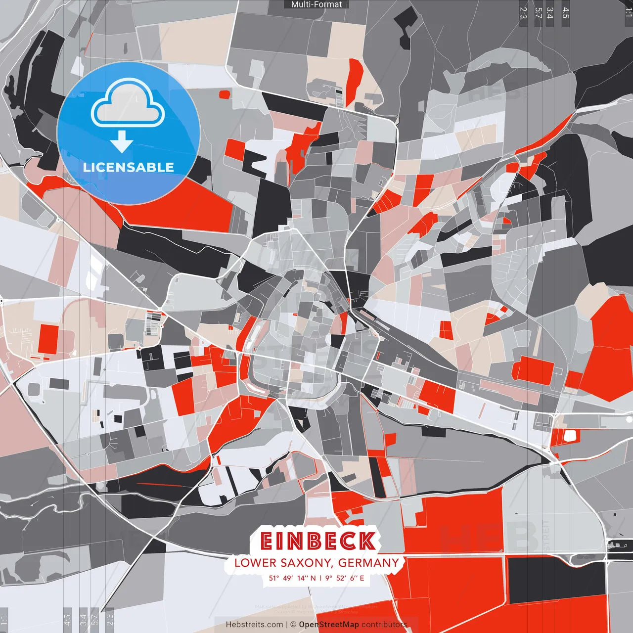 Einbeck, Lower Saxony, Germany - modern street map poster template with gray and red tones