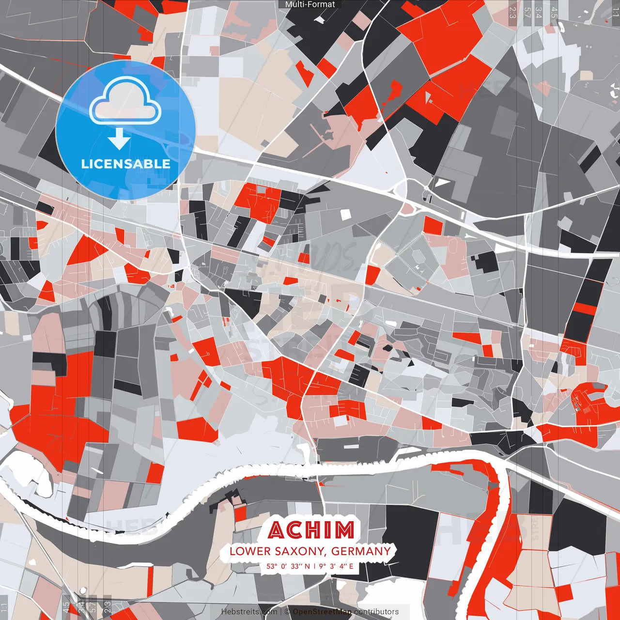 Achim, Lower Saxony, Germany - modern street map poster template with gray and red tones