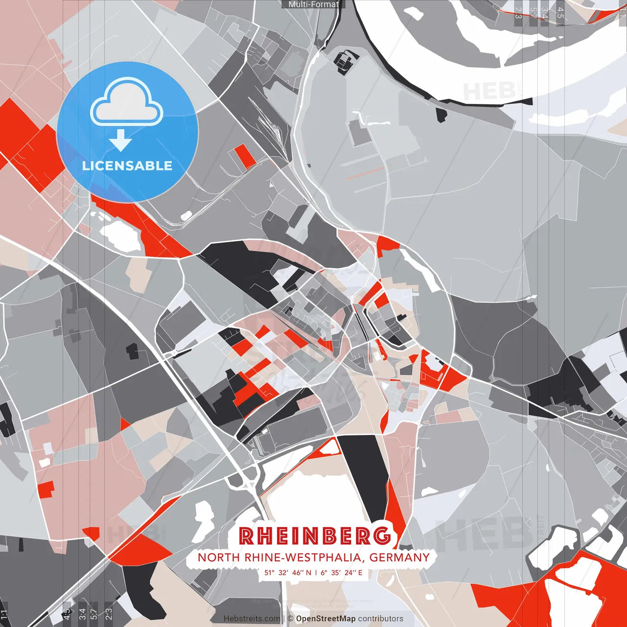 Rheinberg, North Rhine-Westphalia, Germany - modern street map poster template with gray and red tones