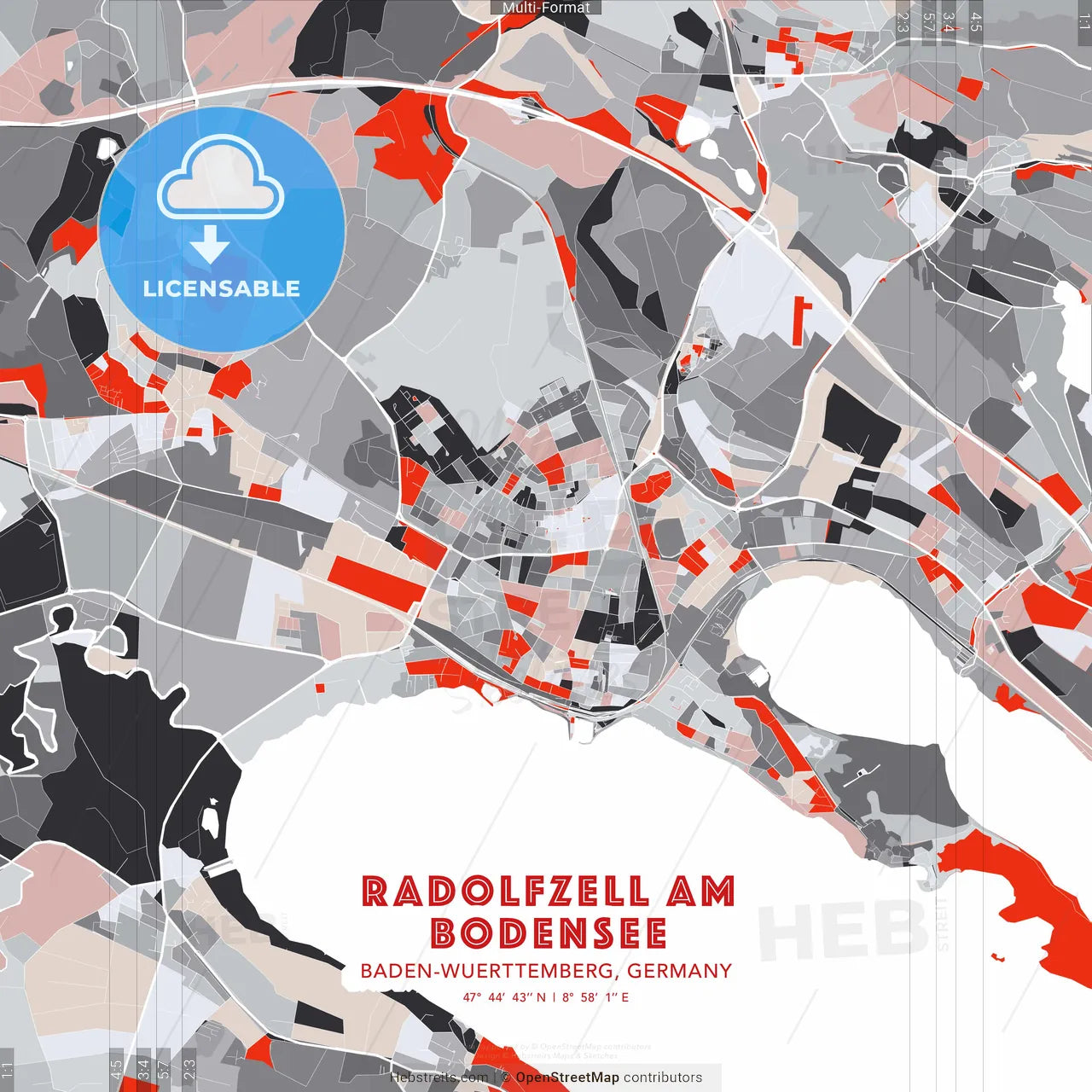 Radolfzell am Bodensee, Baden-Wuerttemberg, Germany - modern street map poster template with gray and red tones