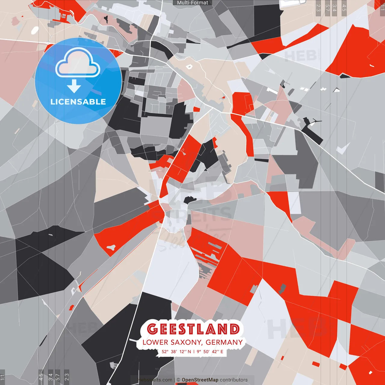 Geestland, Lower Saxony, Germany - modern street map poster template with gray and red tones