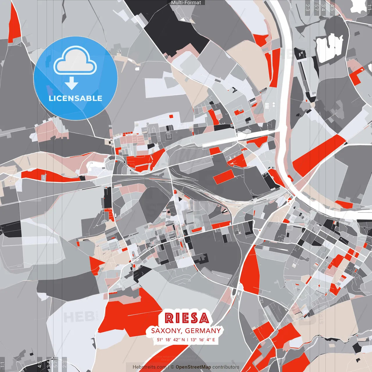 Riesa, Saxony, Germany - modern street map poster template with gray and red tones