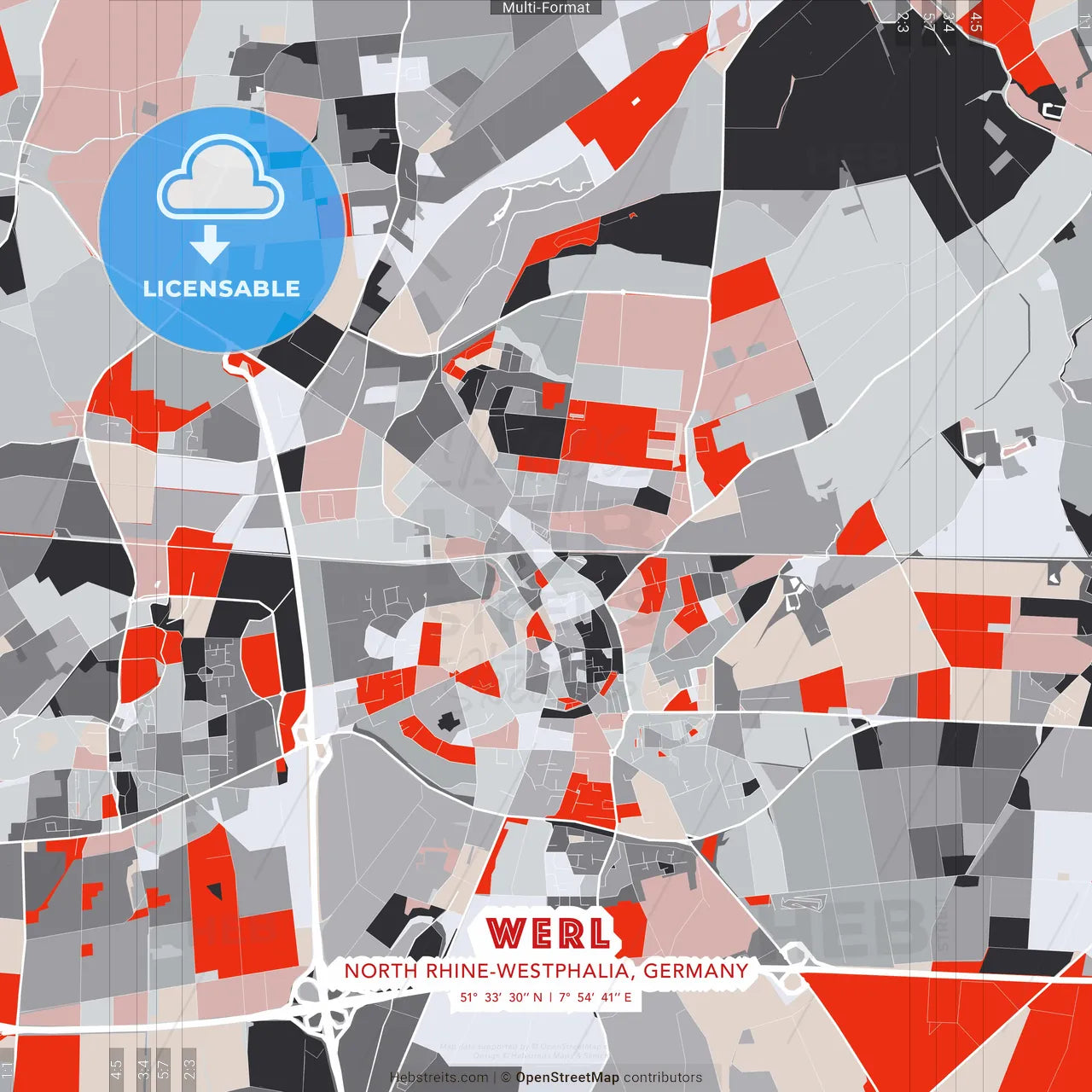 Werl, North Rhine-Westphalia, Germany - modern street map poster template with gray and red tones