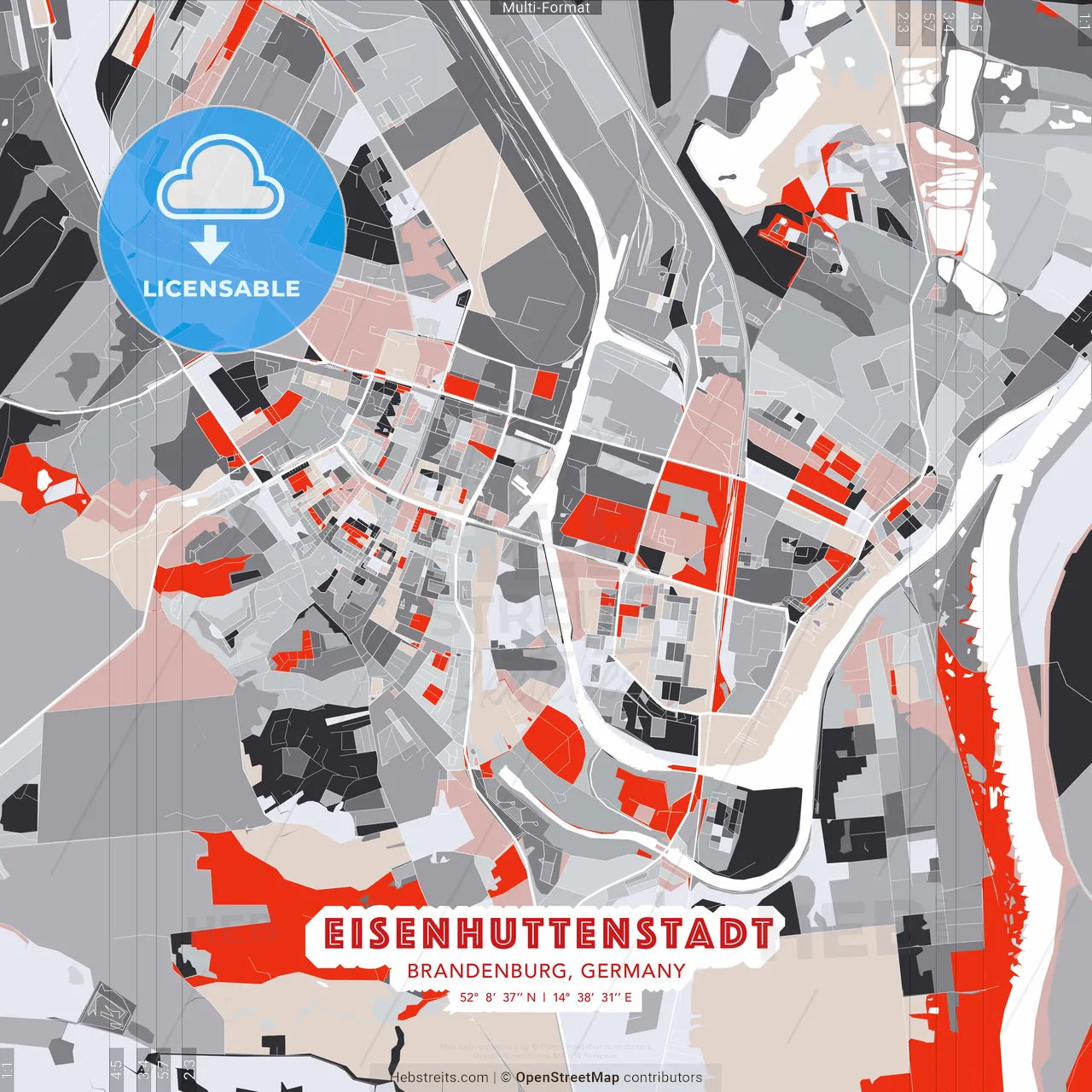 Eisenhuttenstadt, Brandenburg, Germany - modern street map poster template with gray and red tones