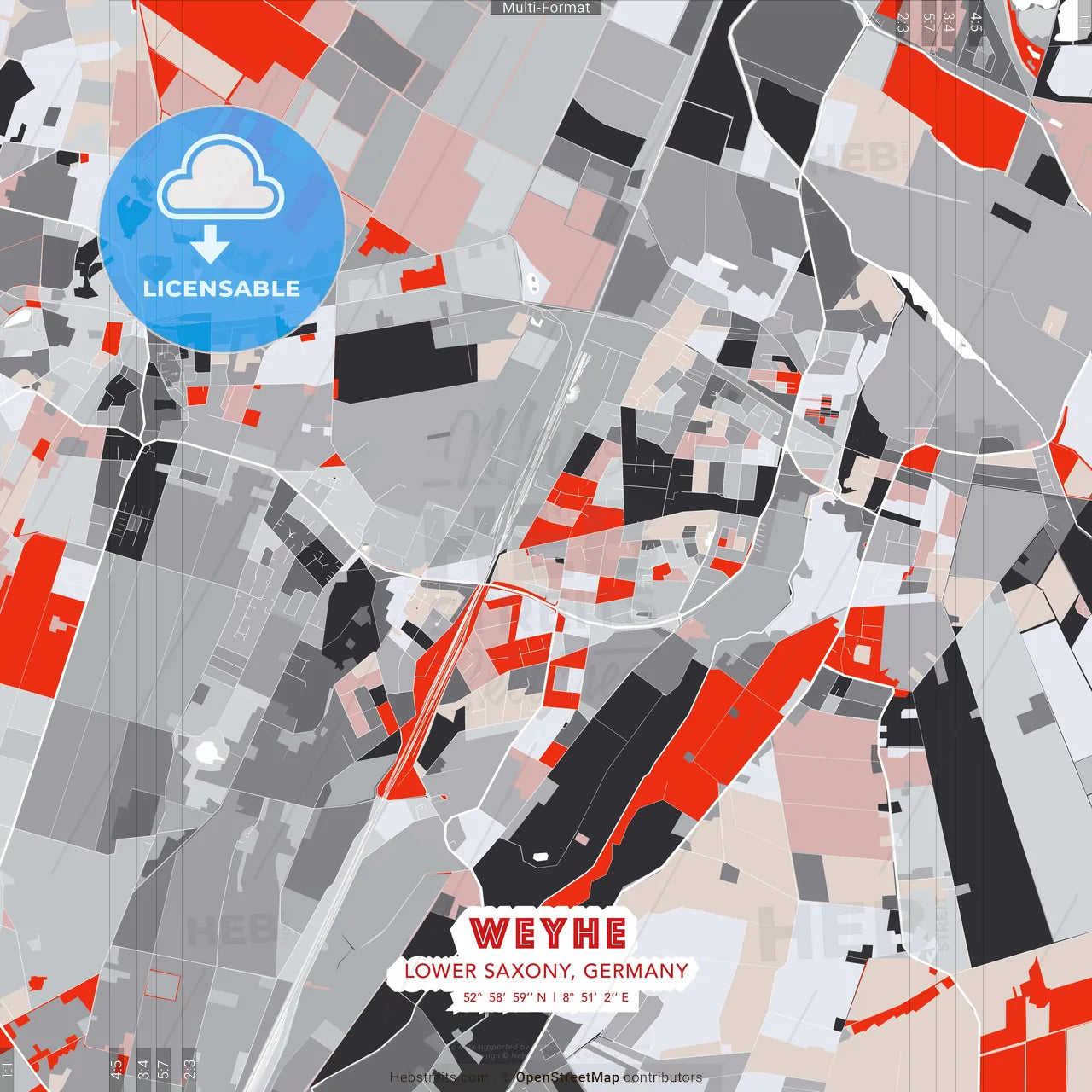 Weyhe, Lower Saxony, Germany - modern street map poster template with gray and red tones