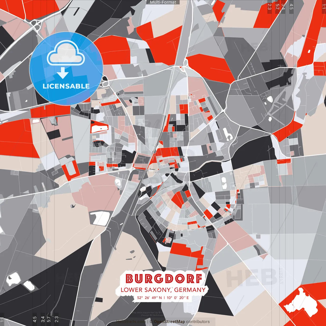 Burgdorf, Lower Saxony, Germany - modern street map poster template with gray and red tones