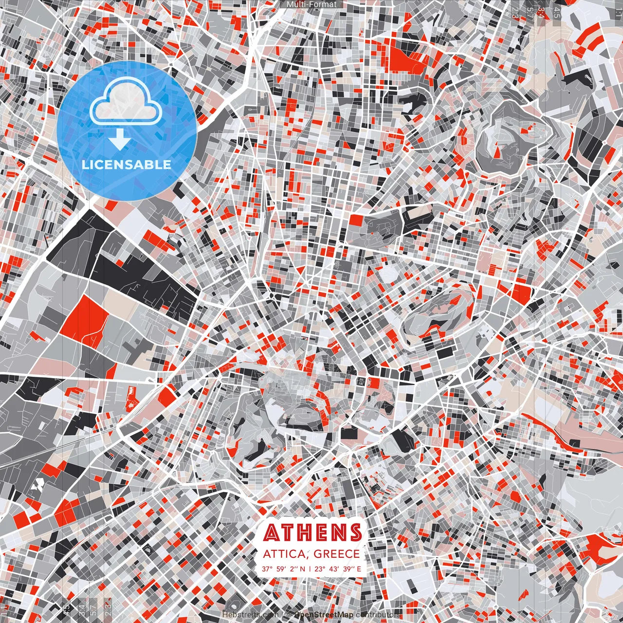 Athens, Attica, Greece - modern street map poster template with gray and red tones