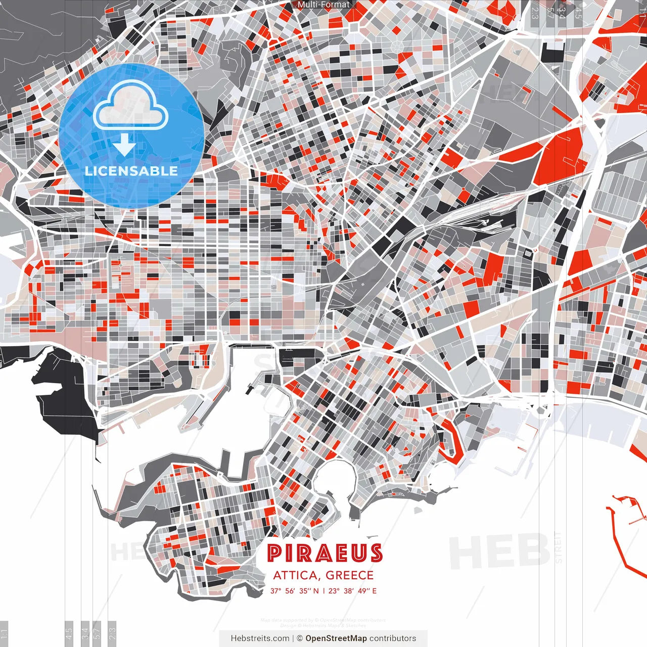 Piraeus, Attica, Greece - modern street map poster template with gray and red tones