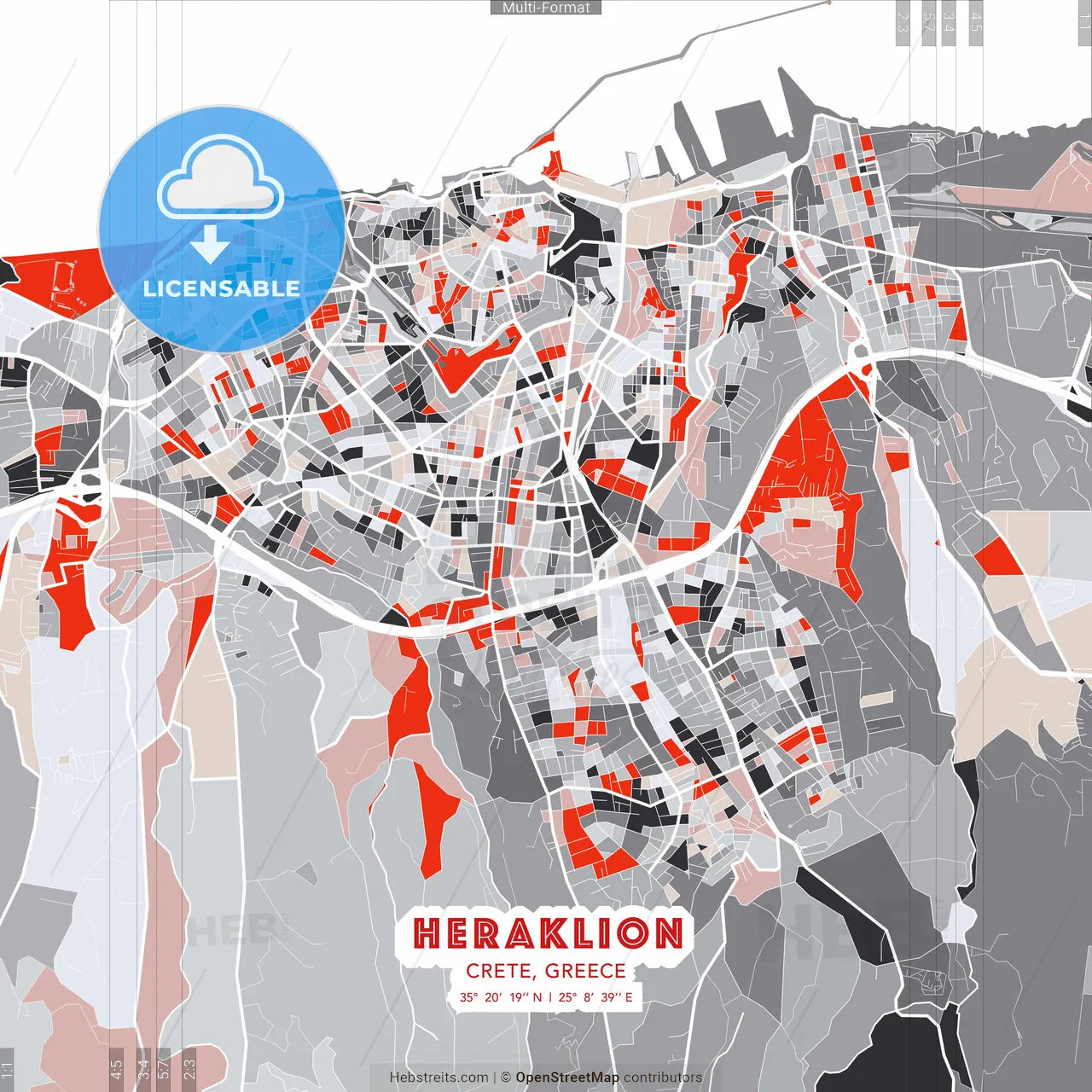 Heraklion, Crete, Greece - modern street map poster template with gray and red tones