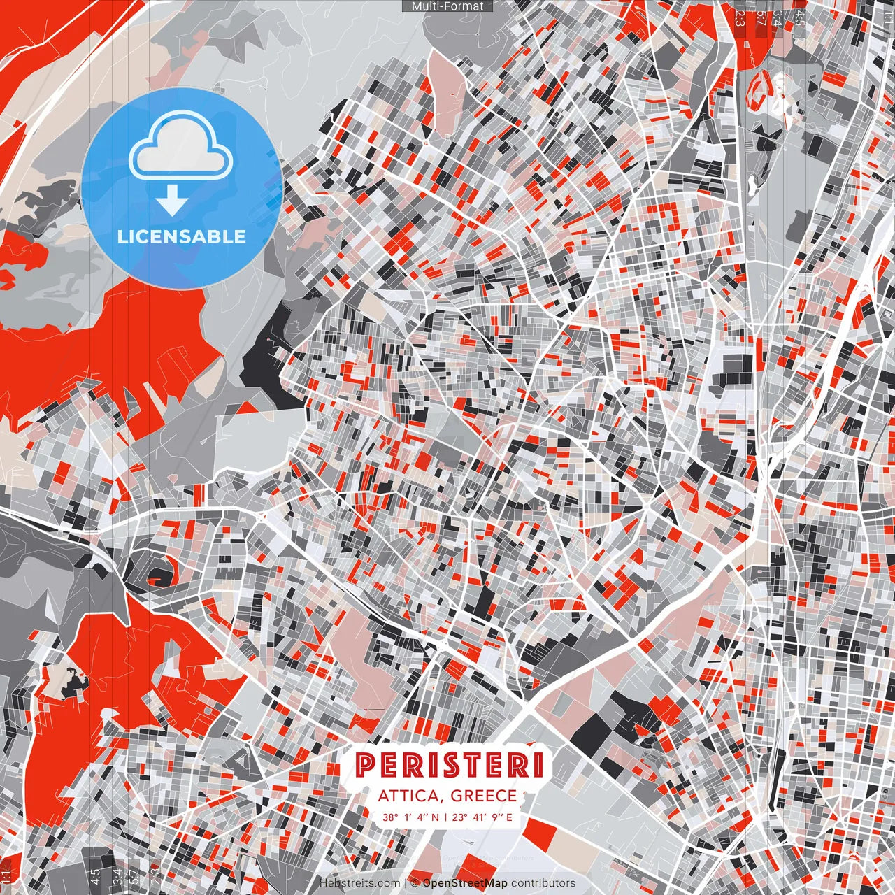 Peristeri, Attica, Greece - modern street map poster template with gray and red tones