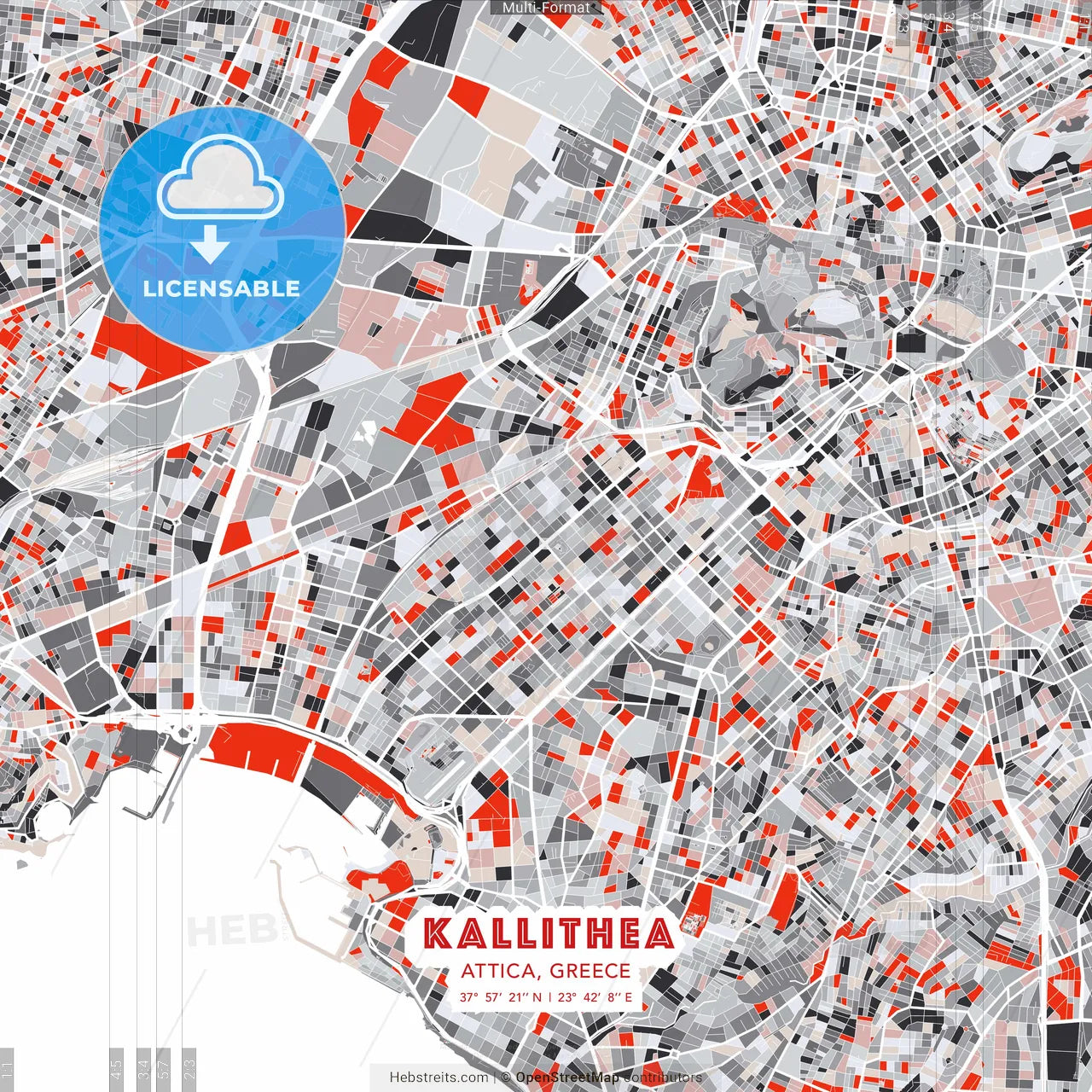 Kallithea, Attica, Greece - modern street map poster template with gray and red tones