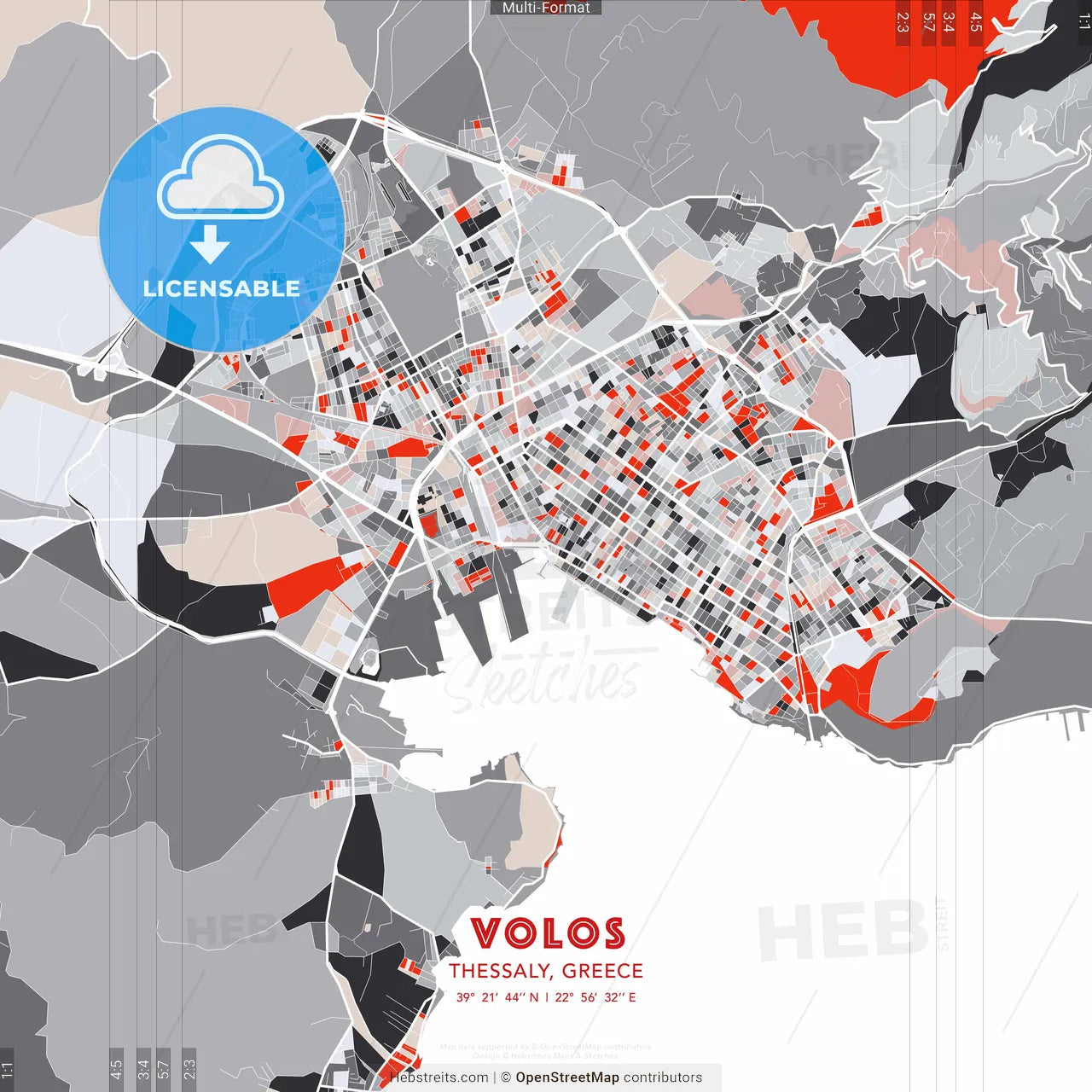 Volos, Thessaly, Greece - modern street map poster template with gray and red tones