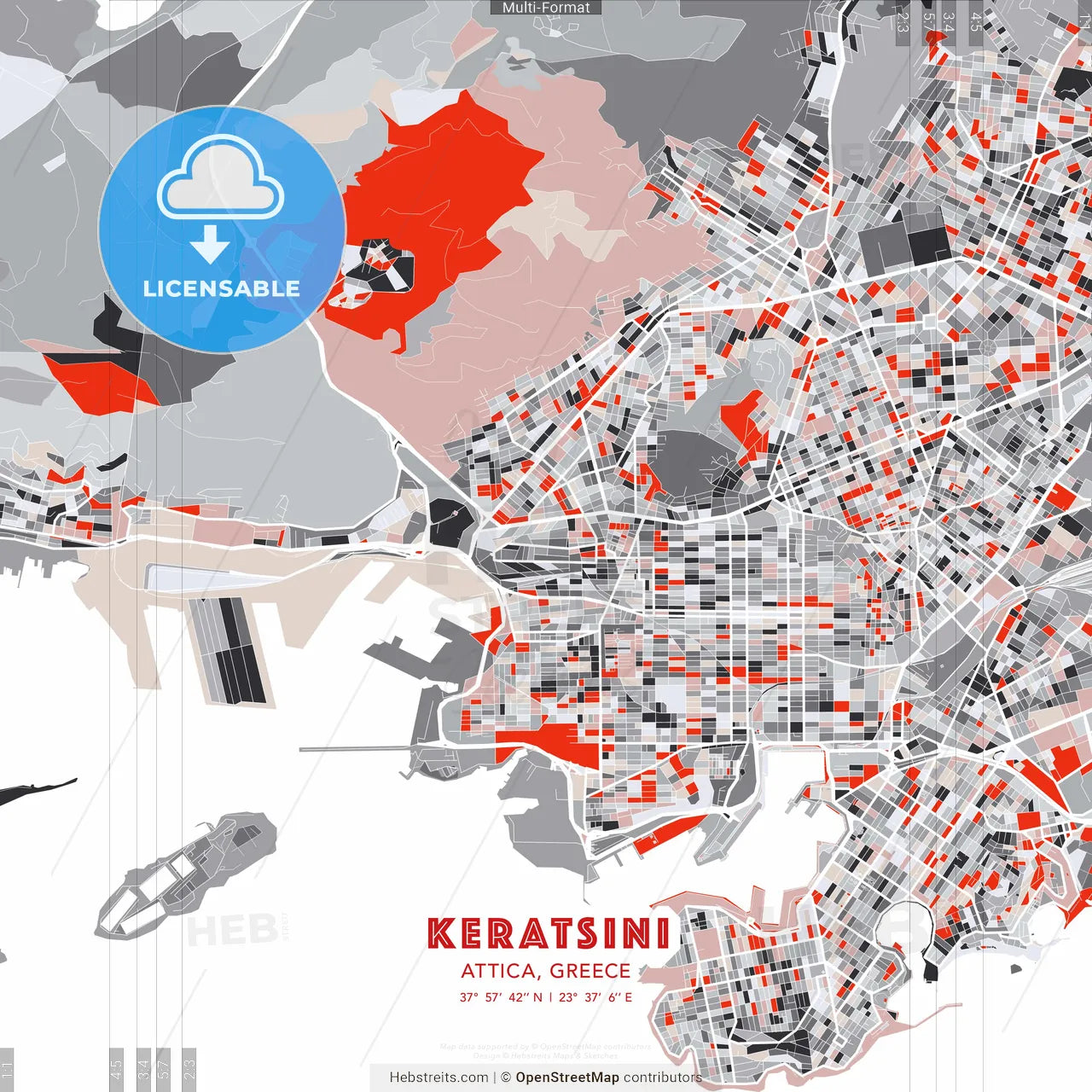 Keratsini, Attica, Greece - modern street map poster template with gray and red tones