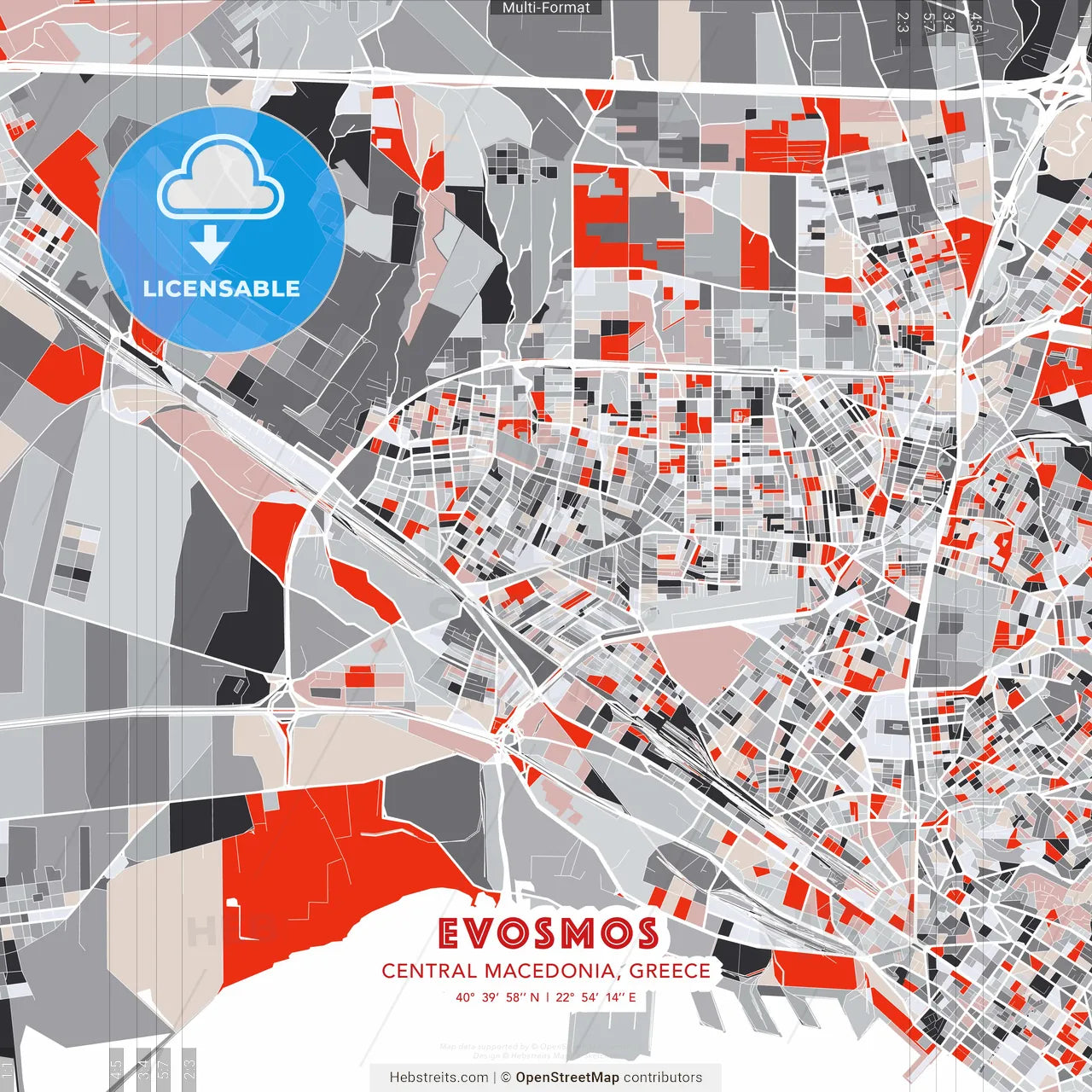 Evosmos, Central Macedonia, Greece - modern street map poster template with gray and red tones