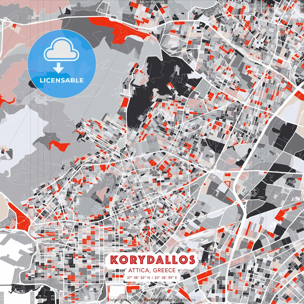 Korydallos, Attica, Greece - modern street map poster template with gray and red tones