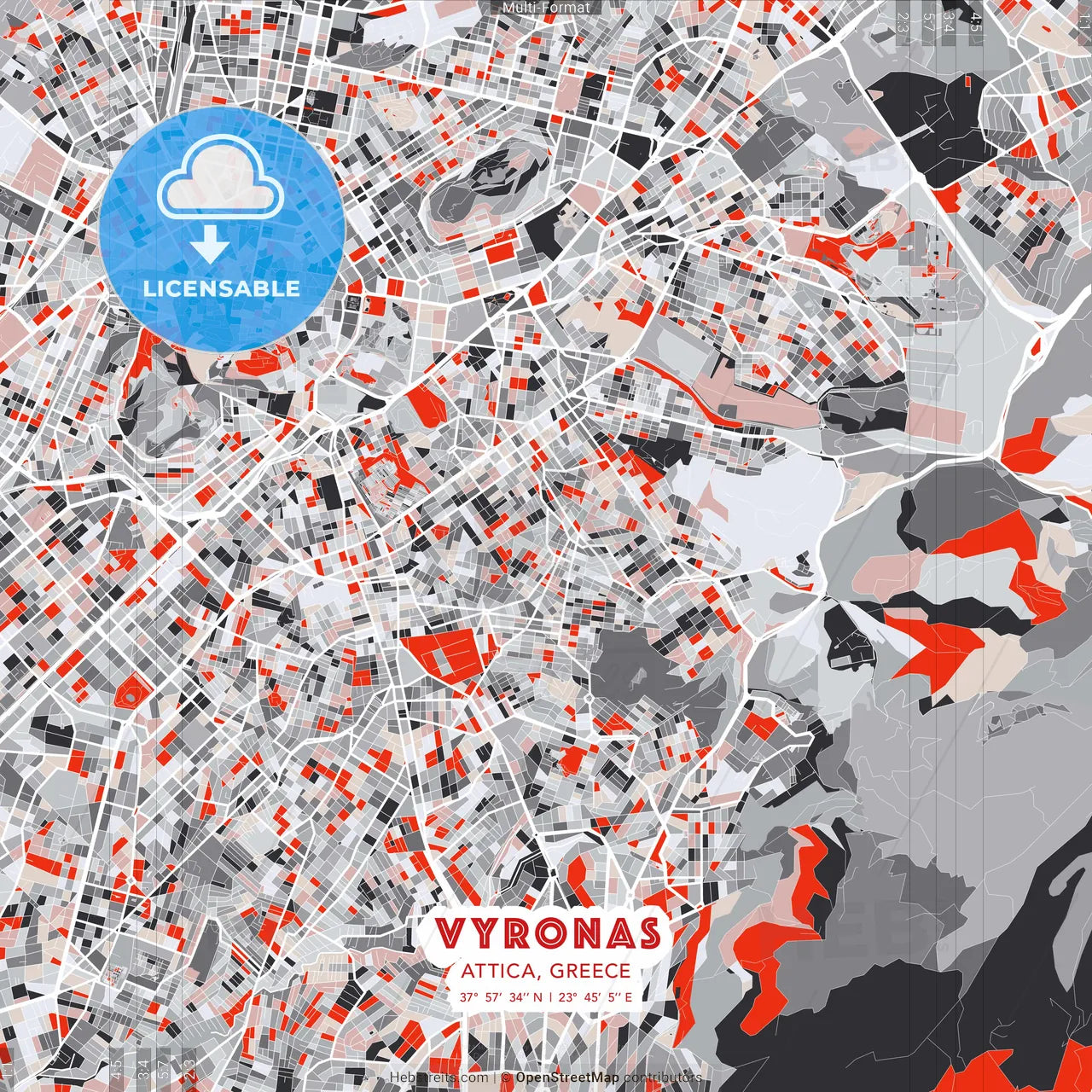 Vyronas, Attica, Greece - modern street map poster template with gray and red tones