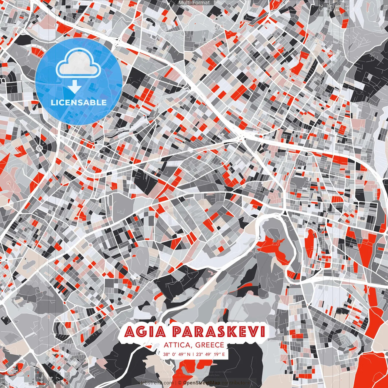 Agia Paraskevi, Attica, Greece - modern street map poster template with gray and red tones