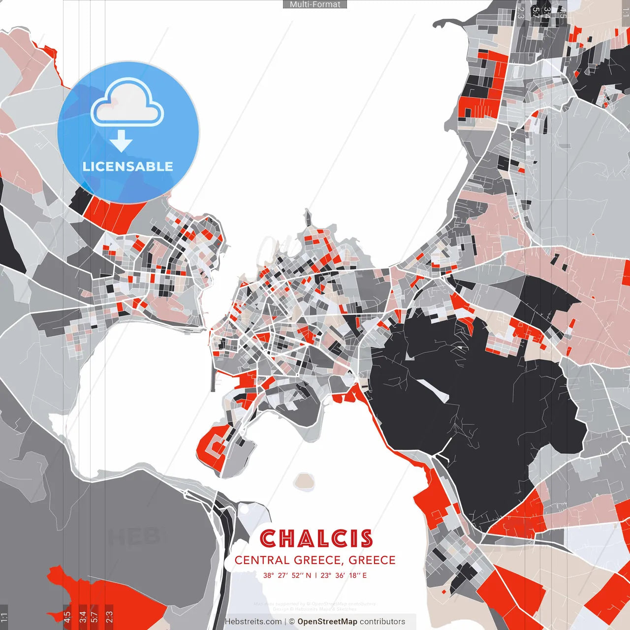 Chalcis, Central Greece, Greece - modern street map poster template with gray and red tones
