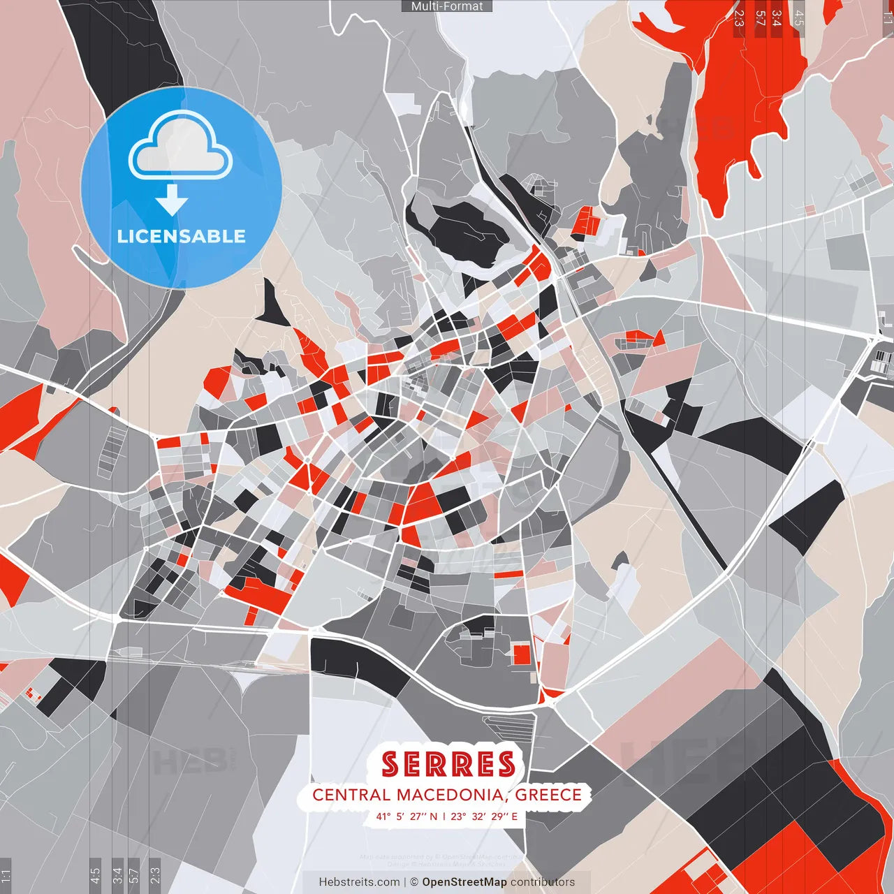 Serres, Central Macedonia, Greece - modern street map poster template with gray and red tones