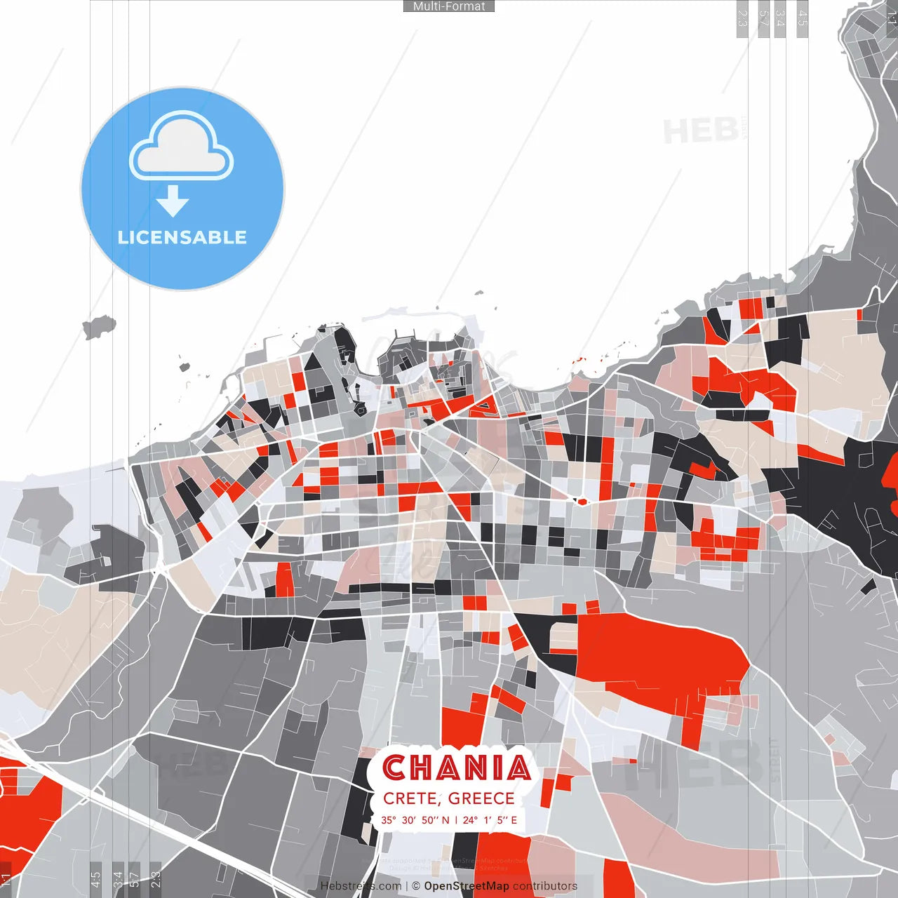 Chania, Crete, Greece - modern street map poster template with gray and red tones