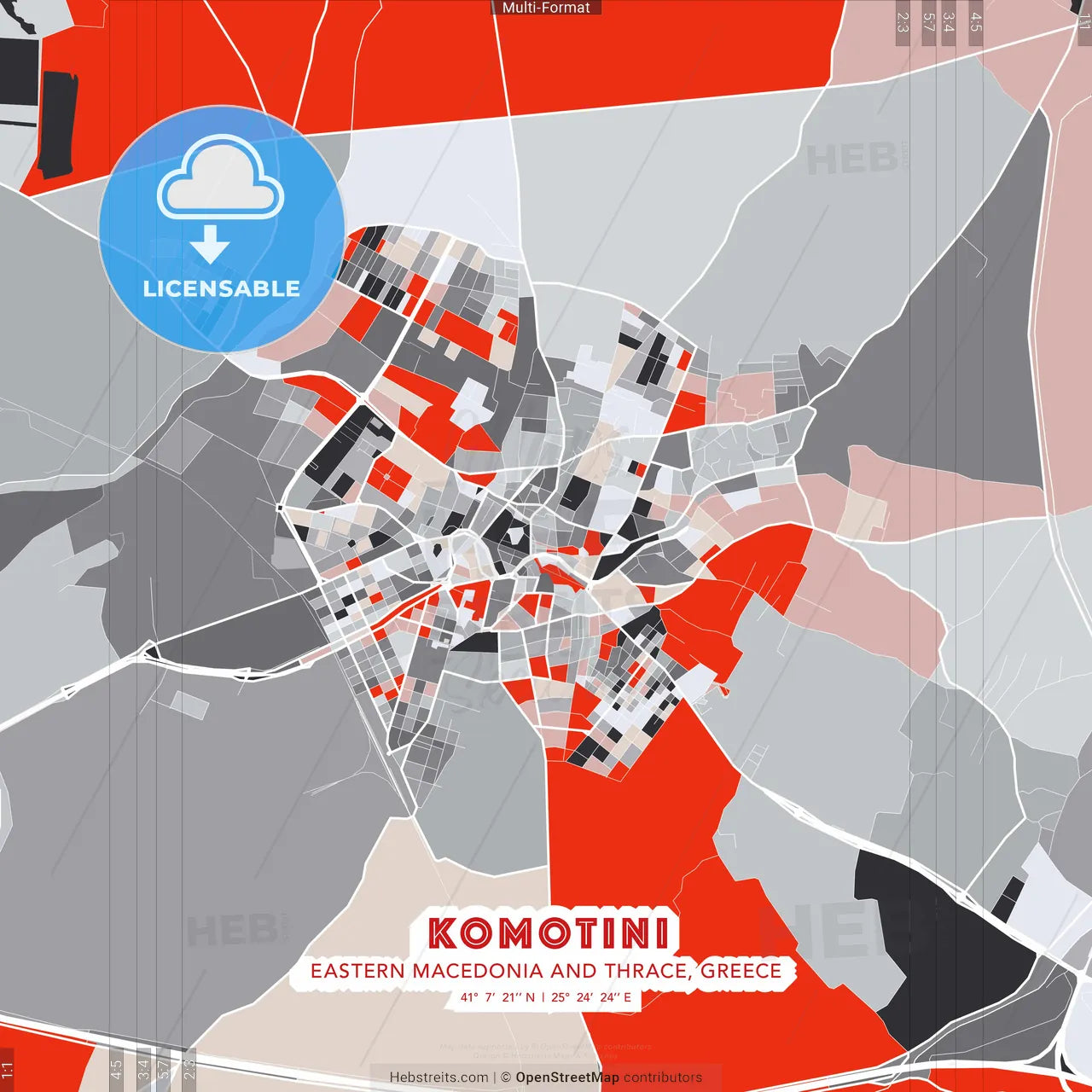 Komotini, Eastern Macedonia and Thrace, Greece - modern street map poster template with gray and red tones