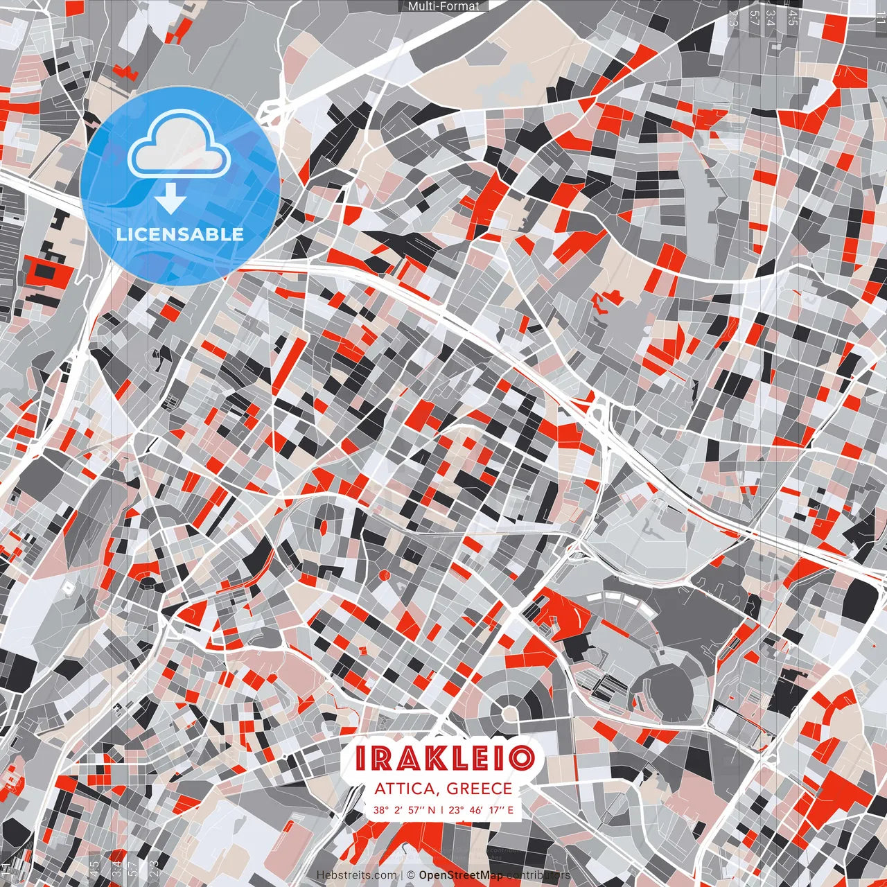 Irakleio, Attica, Greece - modern street map poster template with gray and red tones