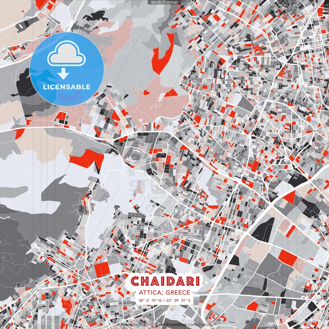Chaidari, Attica, Greece - modern street map poster template with gray and red tones