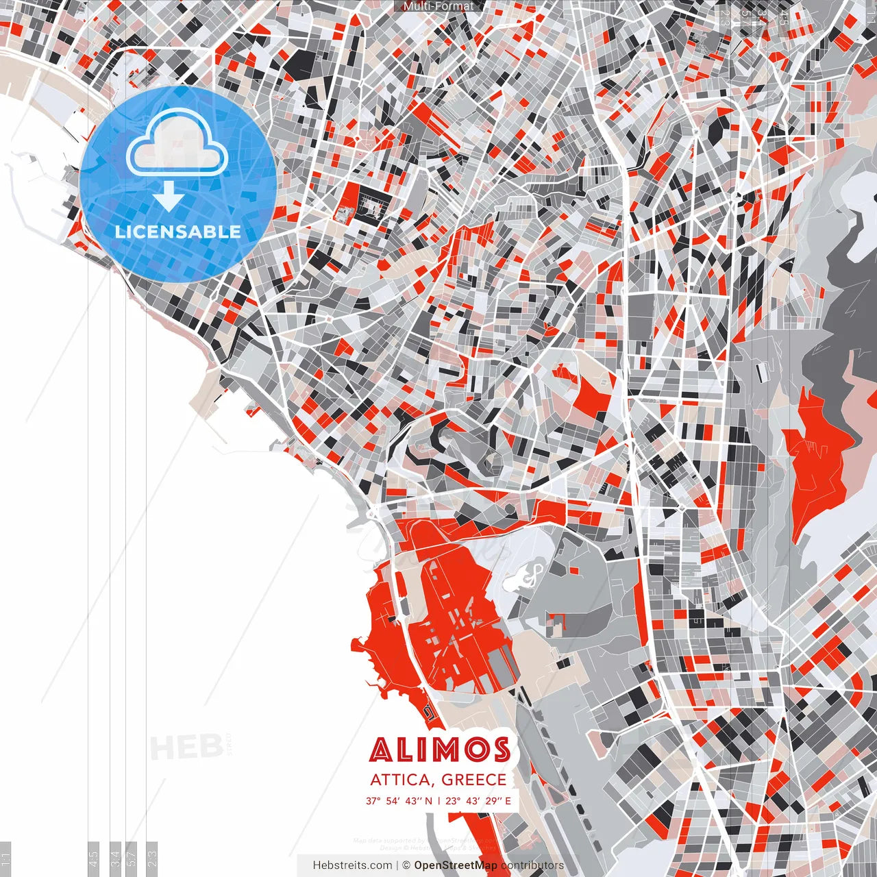 Alimos, Attica, Greece - modern street map poster template with gray and red tones