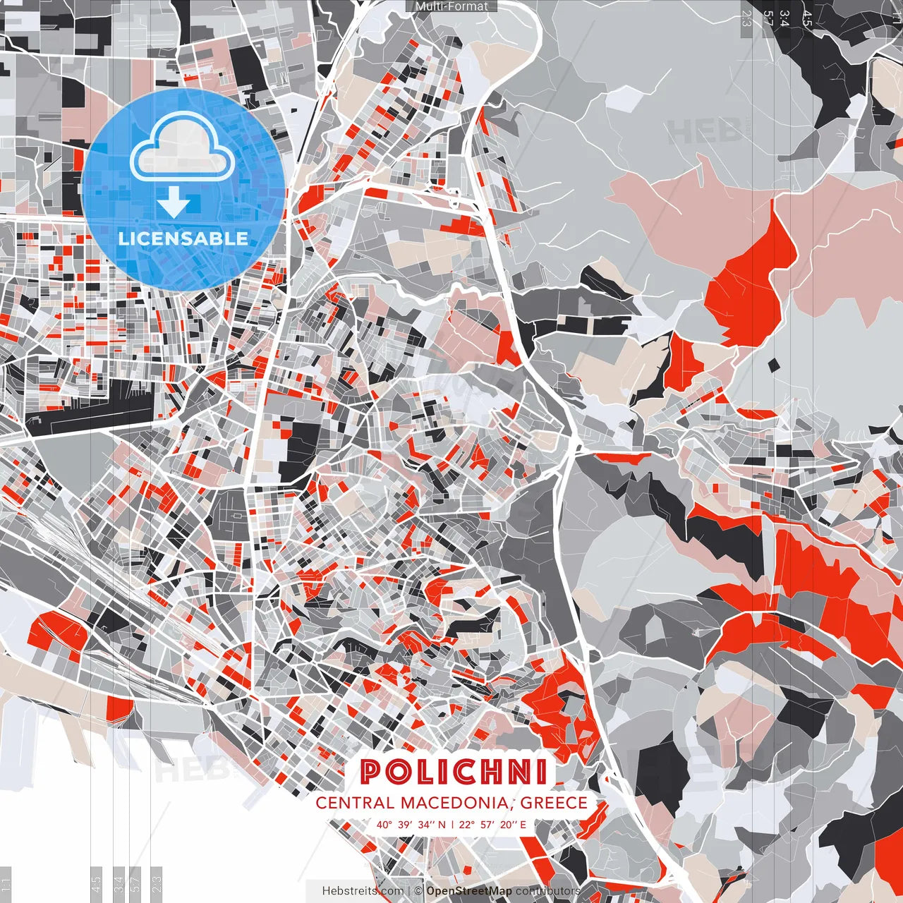 Polichni, Central Macedonia, Greece - modern street map poster template with gray and red tones