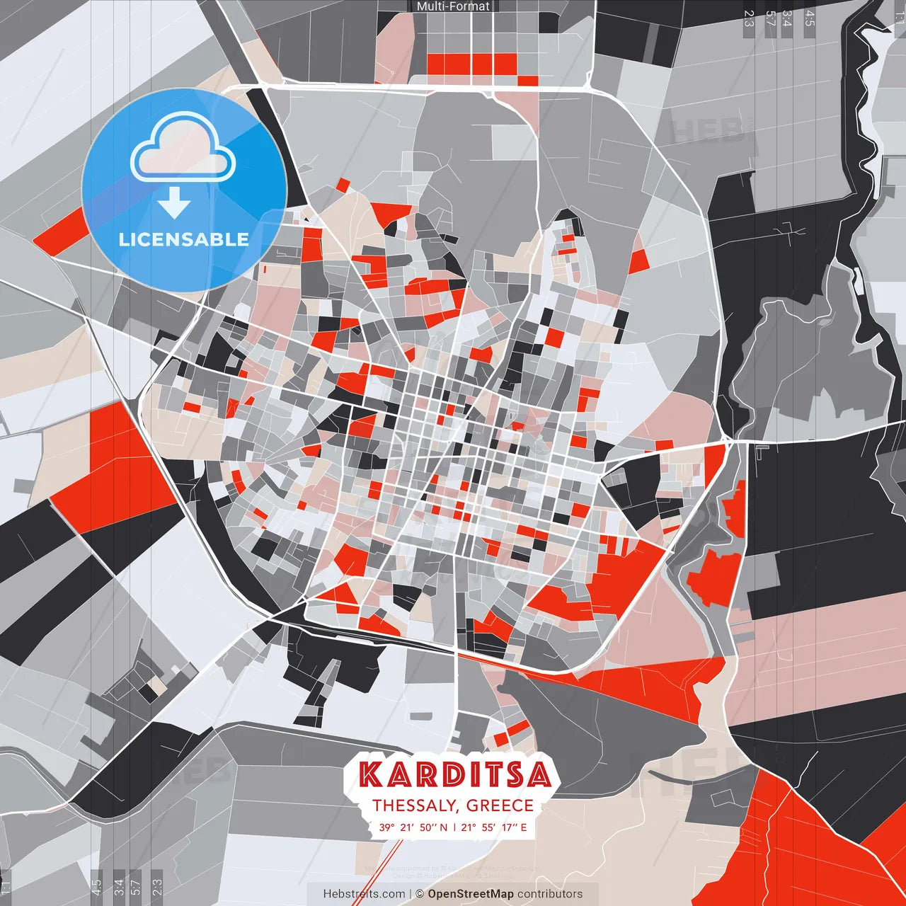 Karditsa, Thessaly, Greece - modern street map poster template with gray and red tones