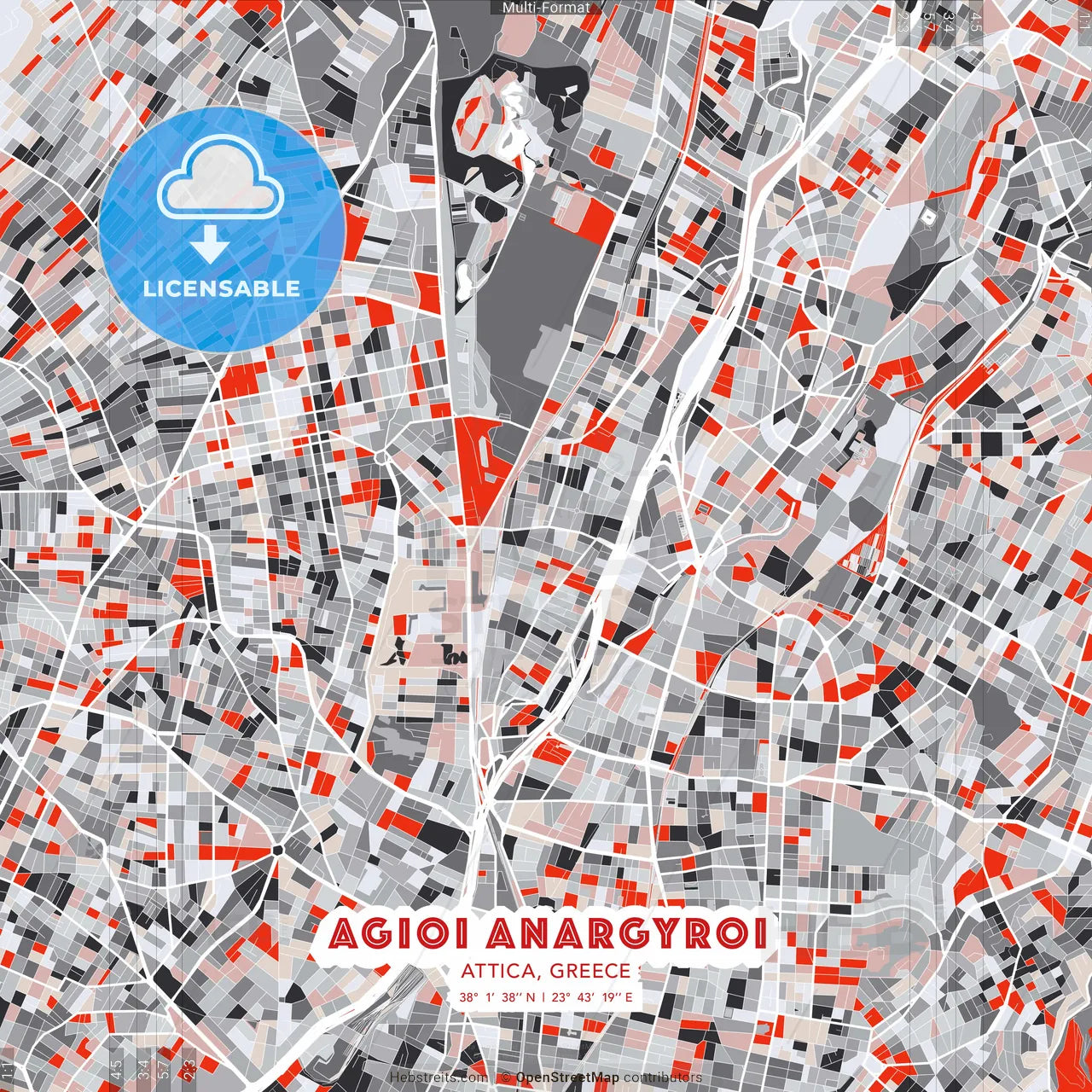 Agioi Anargyroi, Attica, Greece - modern street map poster template with gray and red tones